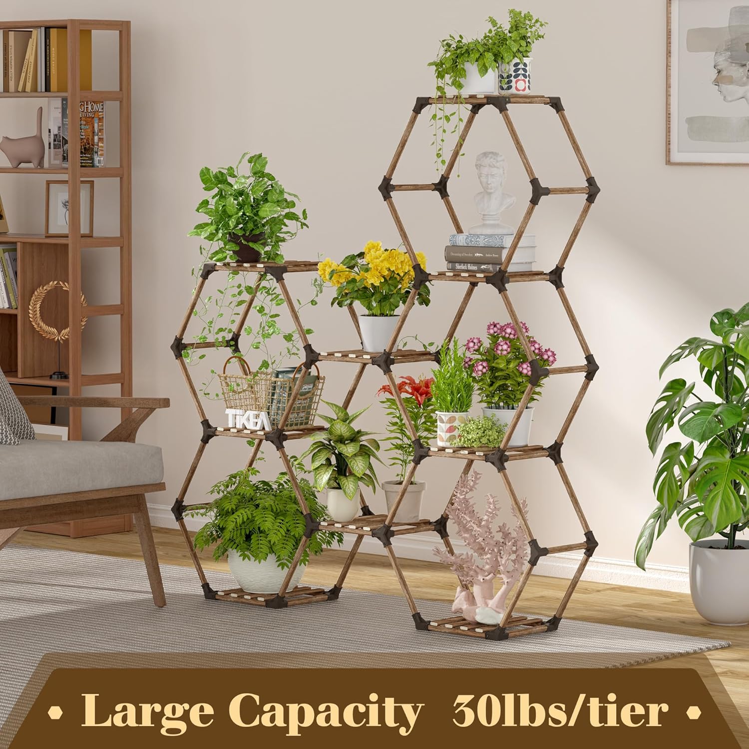 Tikea - Hexagonal Plant Stand Indoor Outdoor Large 11 Tiered Wooden Plant Shelf Indoor Creative Flower Decor for Living Room Balcony Patio