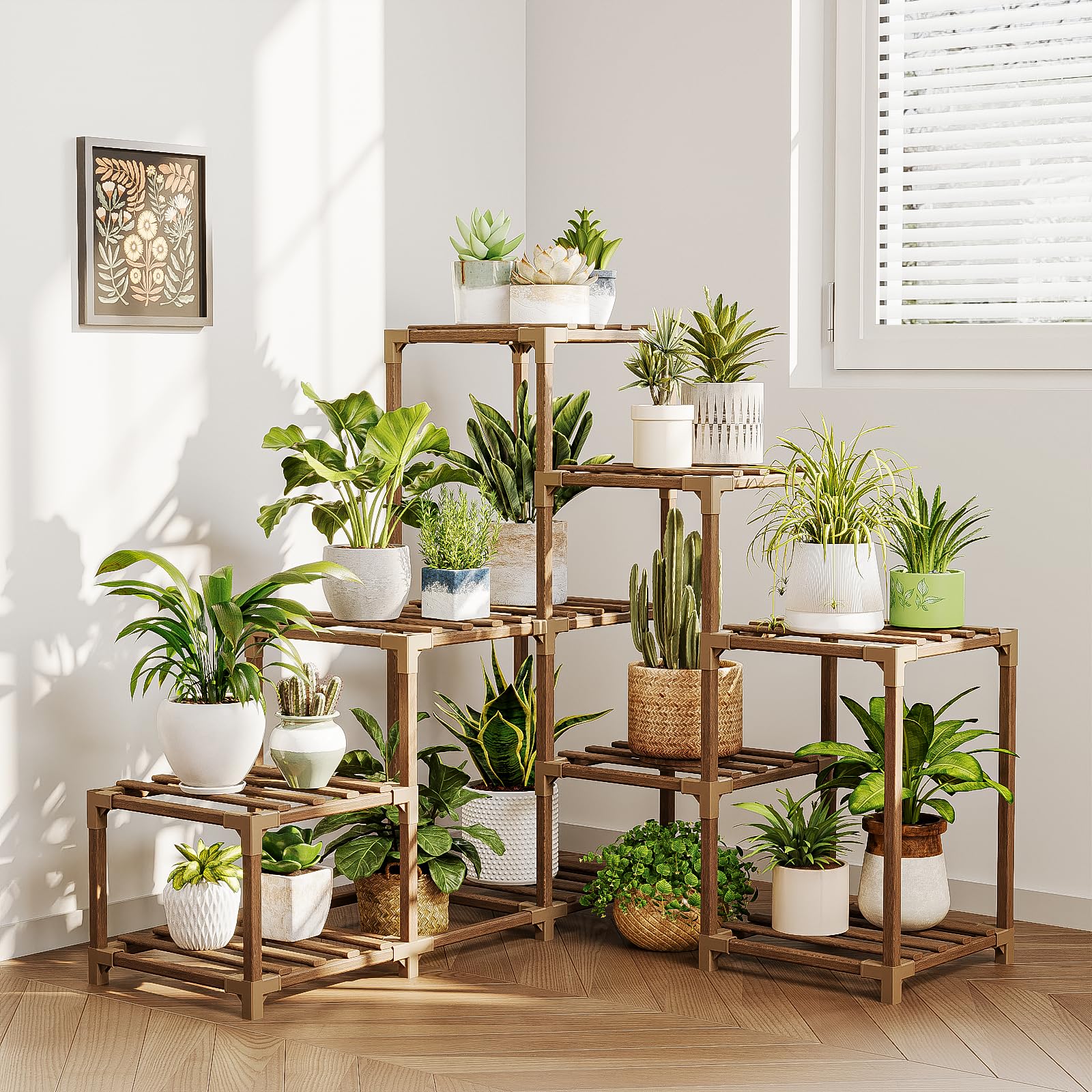 Bamworld Large Plant Shelf Outdoor Wood Plant Stand Large Rack for Living Room Patio, Balcony and Garden