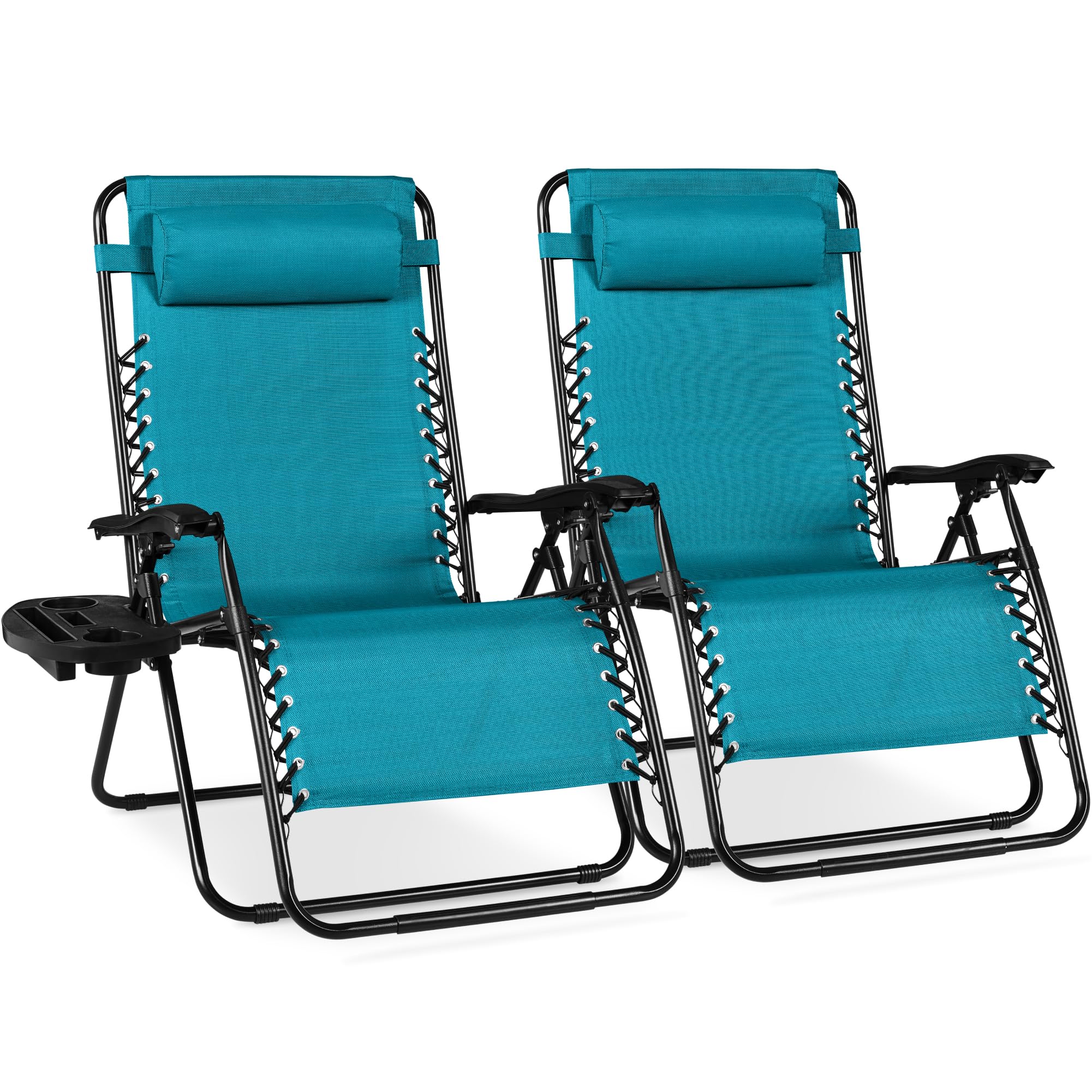 Best Choice Products Set of 2 Adjustable Steel Mesh Zero Gravity Lounge Chair Recliners w/Pillows and Cup Holder Trays - Ice Gray