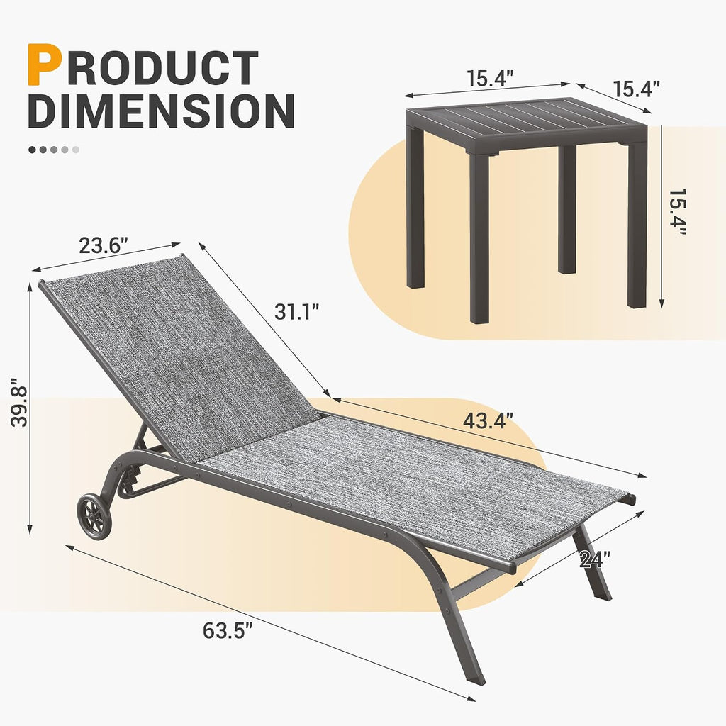 UDPATIO Chaise Lounge Outdoor Set of 3, Aluminum Lounge Chair, 5 Adjustable Position Backrest Pool Lounger with Wheels and Side Table for Patio Pool Patio (Grey)