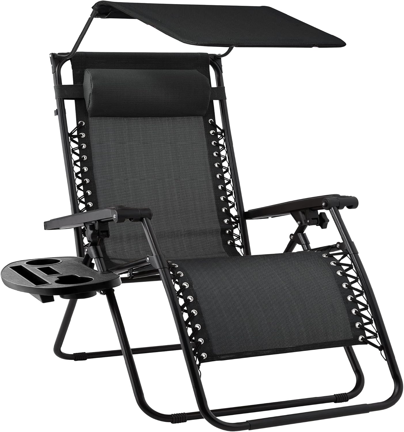 Best Choice Products Folding Zero Gravity Outdoor Recliner Patio Lounge Chair w/Adjustable Canopy Shade, Headrest, Side Accessory Tray, Textilene Mesh - Beige