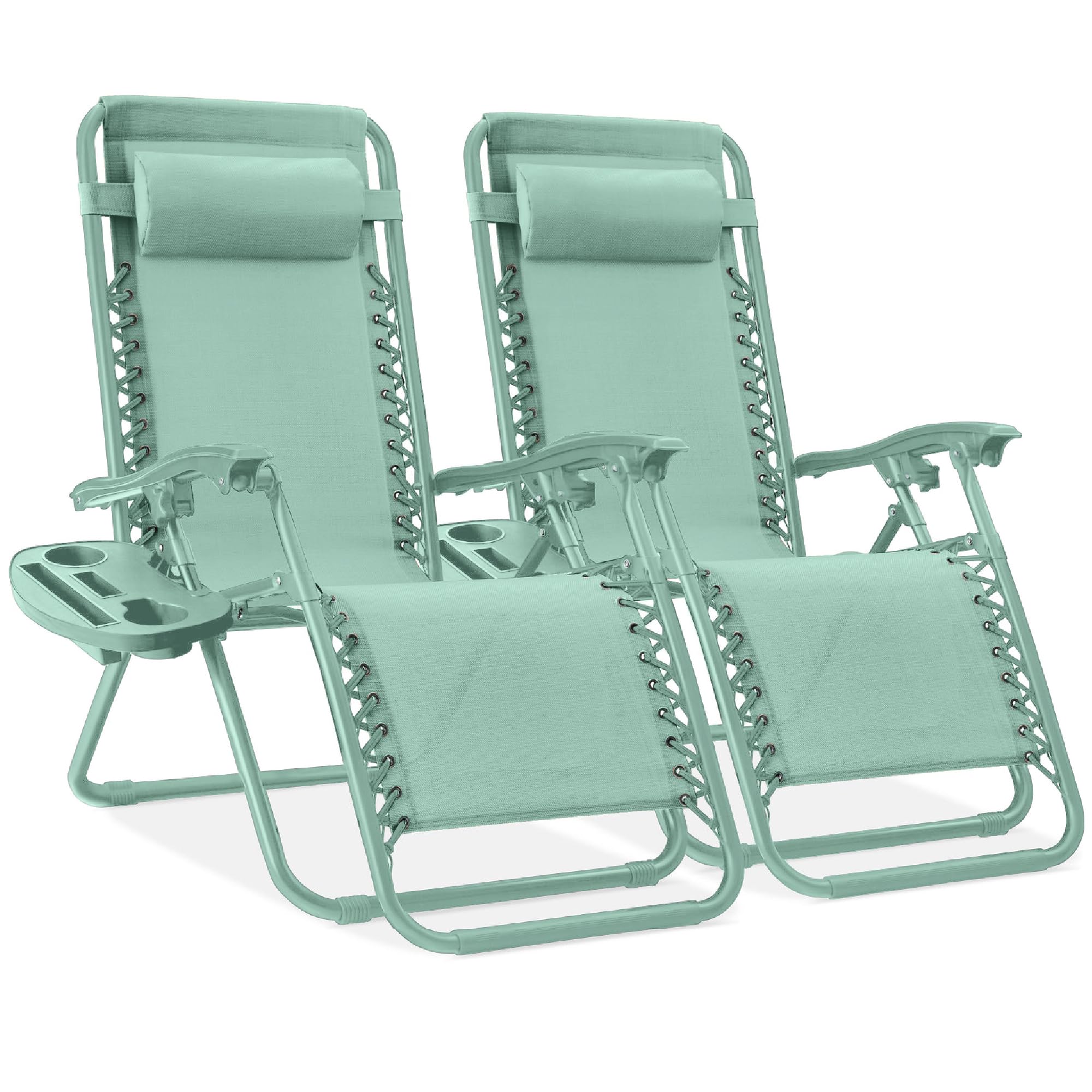Best Choice Products Set of 2 Adjustable Steel Mesh Zero Gravity Lounge Chair Recliners w/Pillows and Cup Holder Trays - Ice Gray