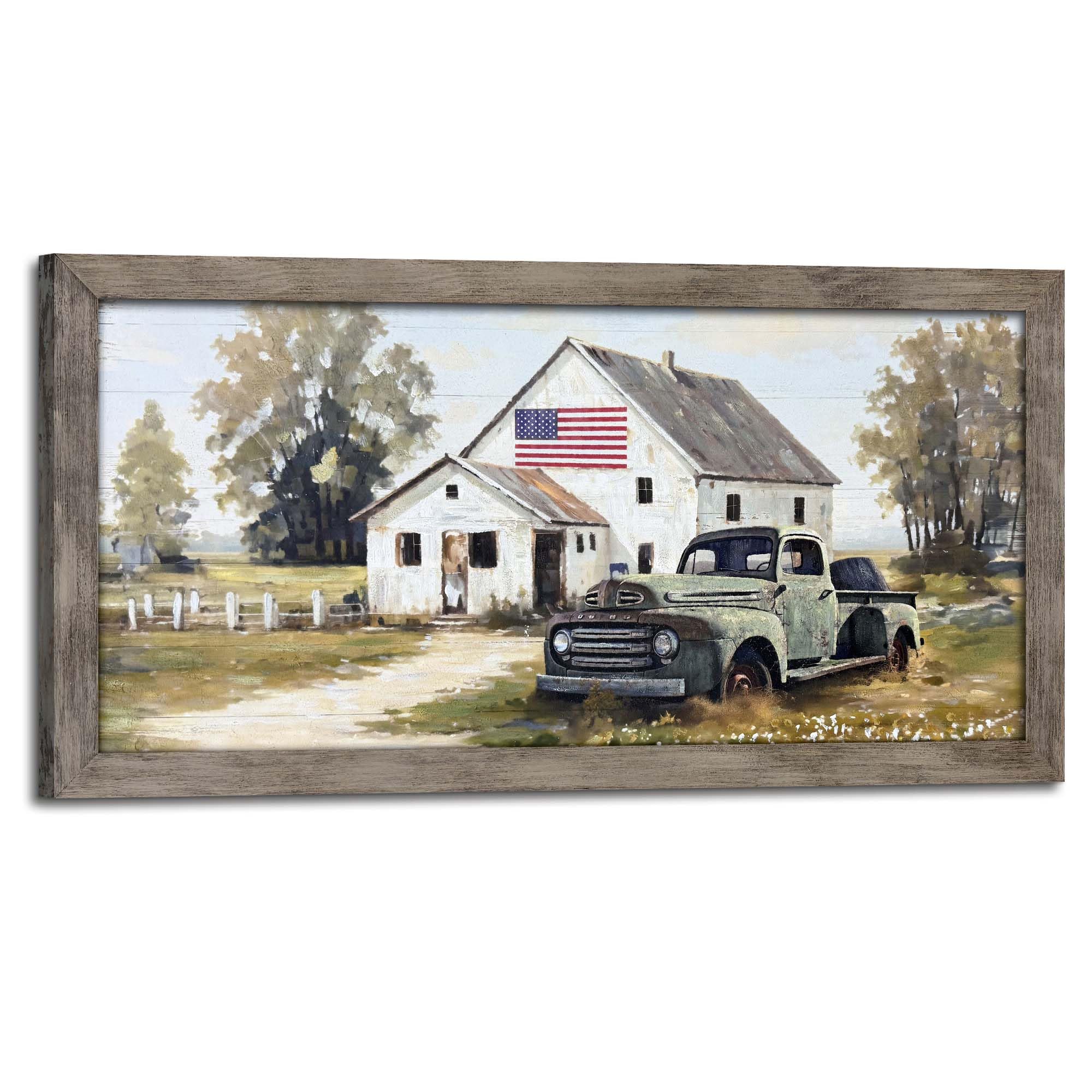 Farmhouse Framed Wall Art Decor: Rustic Country Scene Wood Picture Barn with American Flag Painting Artwork Farm Truck Countryside Print for Bedroom Home Living Room