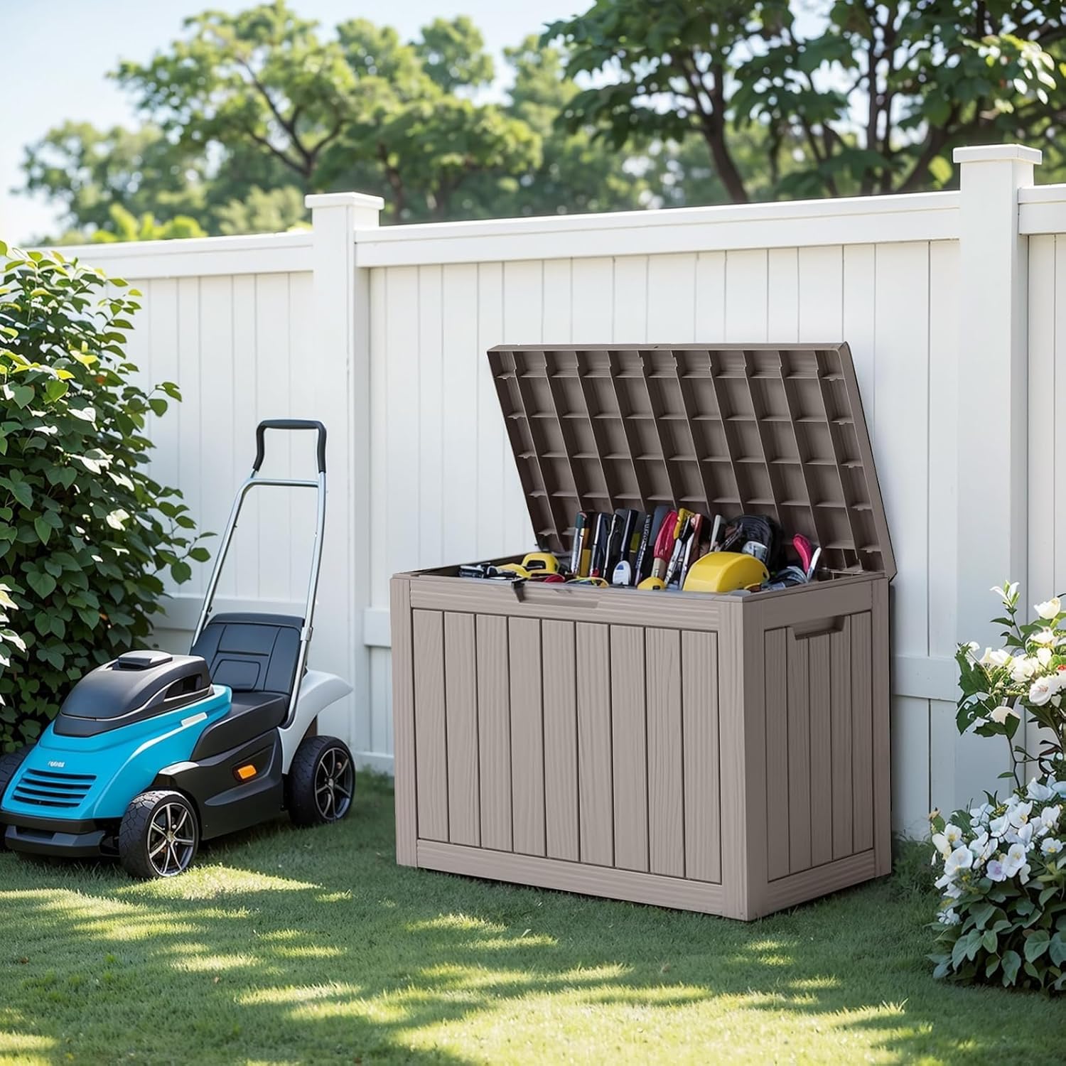 EasyUp 50 Gallon Outdoor Storage Box, Outdoor Deck Boxes for Garden Tools Equipment,Cushions and Patio Storage,Lockable and Resin