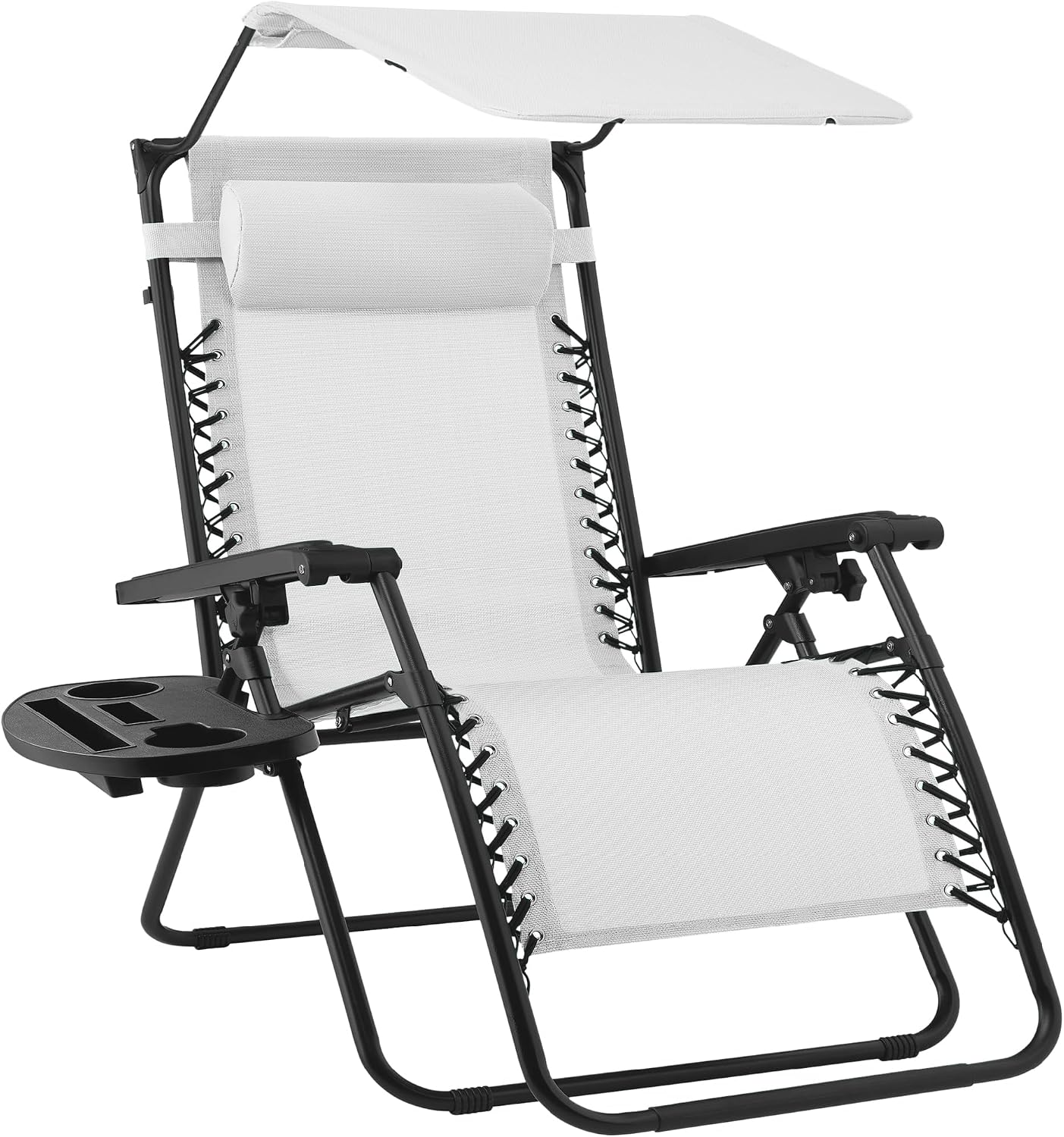 Best Choice Products Folding Zero Gravity Outdoor Recliner Patio Lounge Chair w/Adjustable Canopy Shade, Headrest, Side Accessory Tray, Textilene Mesh - Beige