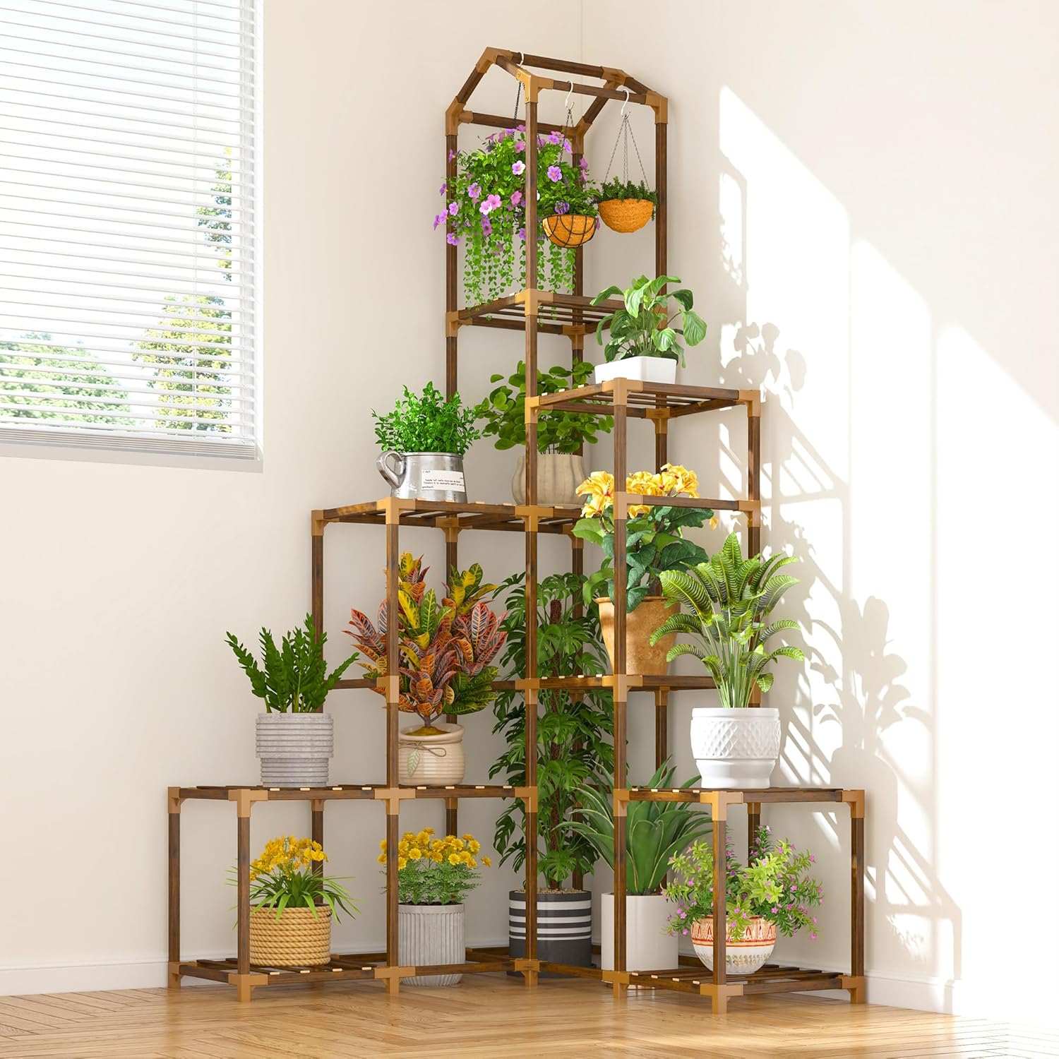 EnHomee Plant Stand Indoor Plant Stands Outdoor Tall Plant Shelf for 15-21 Pots Corner Tiered Plants Stands for Multiple Plants Wood Hanging Plants Holder for Garden Balcony Patio Window Porch