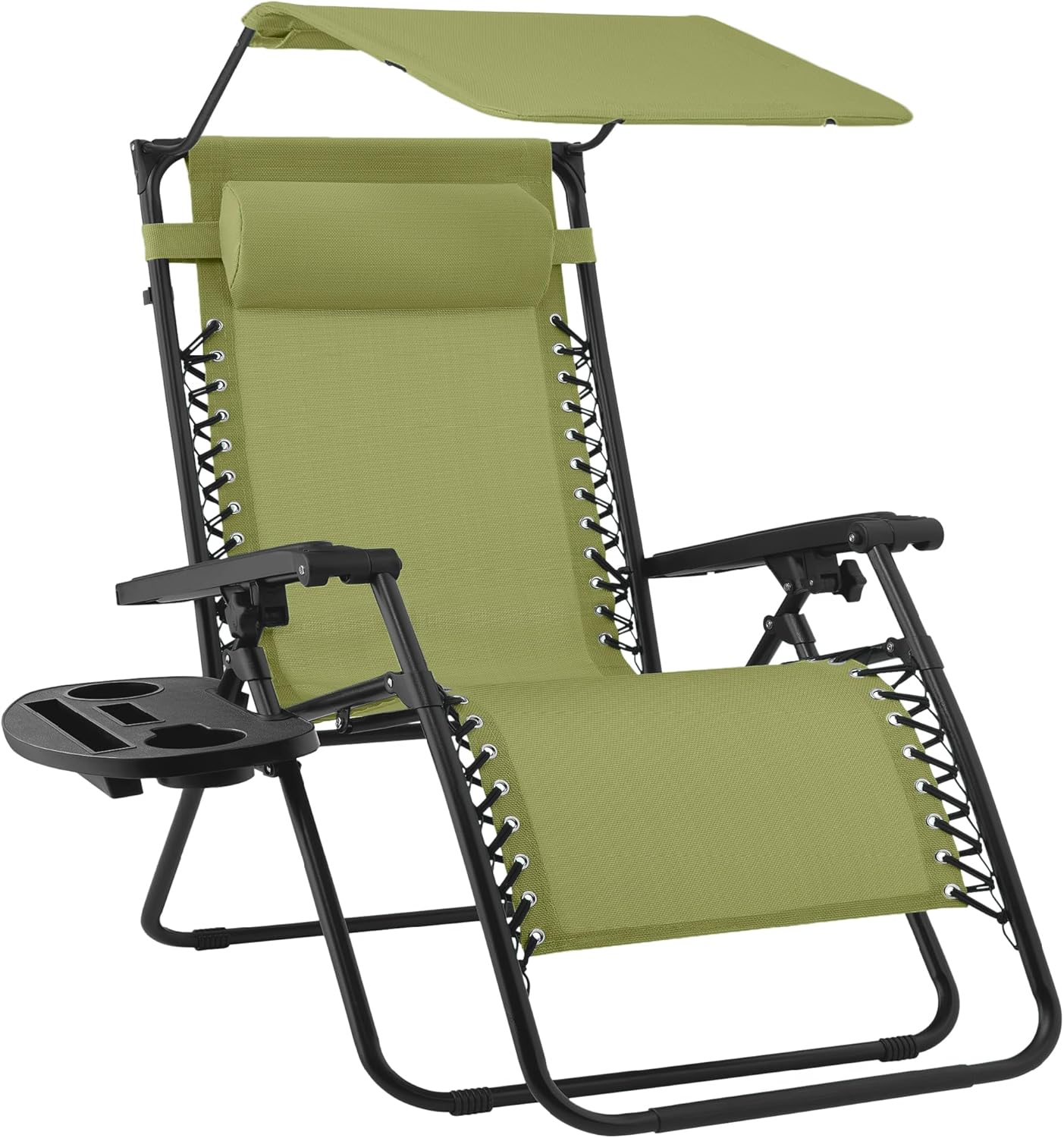Best Choice Products Folding Zero Gravity Outdoor Recliner Patio Lounge Chair w/Adjustable Canopy Shade, Headrest, Side Accessory Tray, Textilene Mesh - Beige
