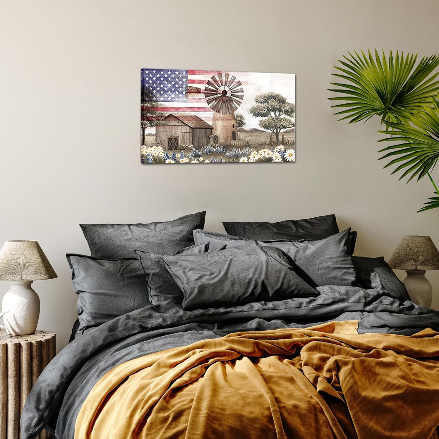 Conipit Rustic Farmhouse Wall Art American Flag Farmhouse Wall Decor with Barn and Windmill Patriotic Country Decor, Canvas Print 20''x36'' (brown red)