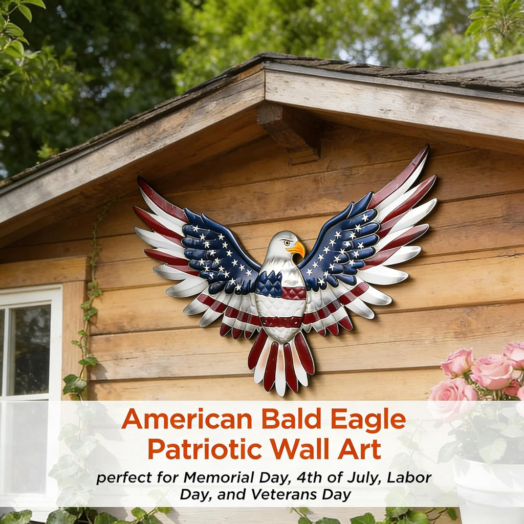 Patriotic Bald Eagle Metal Wall Hanging, Indoor & Outdoor Holiday Decor