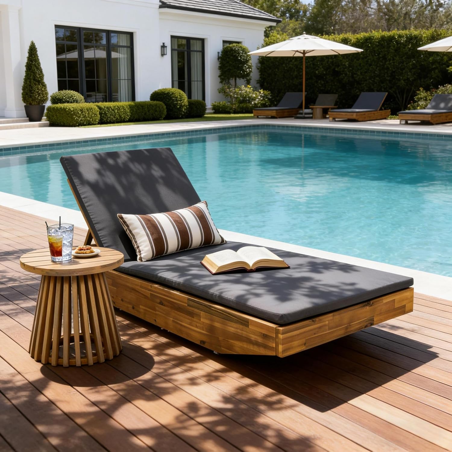 Maril Acacia Wood Chaise Lounge, Adjustable Backrest with Water-Resistant Cushion, Teak & Cream