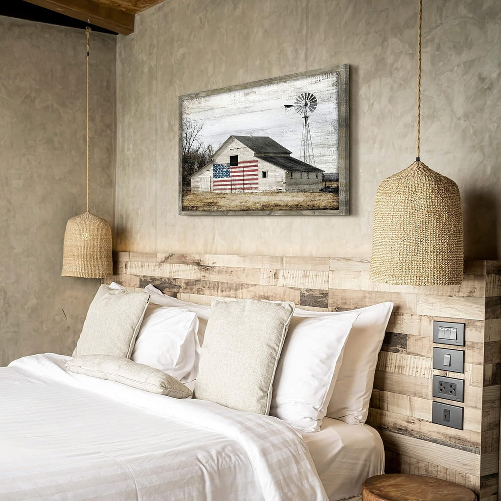 Rustic Landscape Wooden Picture Artwork - Neutral Color Barn with USA Flag Accent Windmill Painting Wall Art Framed