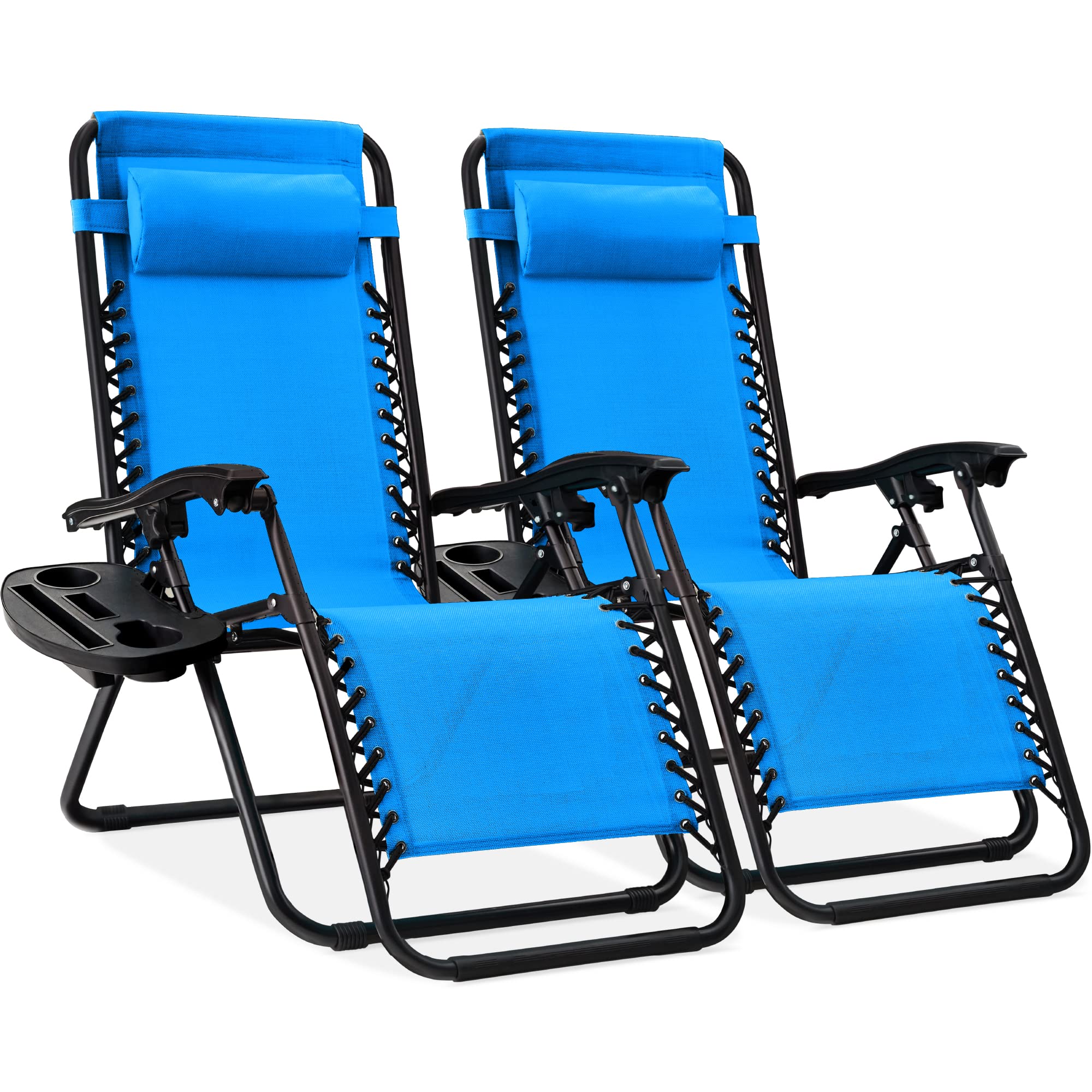 Best Choice Products Set of 2 Adjustable Steel Mesh Zero Gravity Lounge Chair Recliners w/Pillows and Cup Holder Trays - Ice Gray