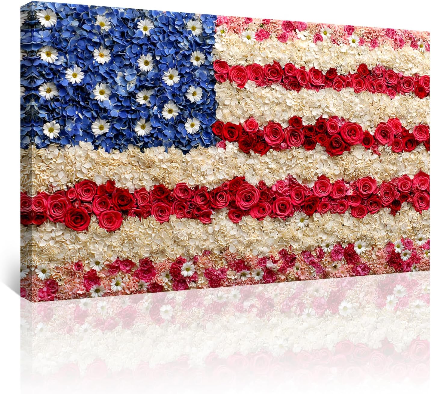Azatyam American Flag Wall Art Patriotic Floral Picture USA Americana Decor Red White Rose Painting Wildflower Canvas Prints Vintage Country Style Artwork for Living Room Office Bedroom Wall Decor 16" x 24"