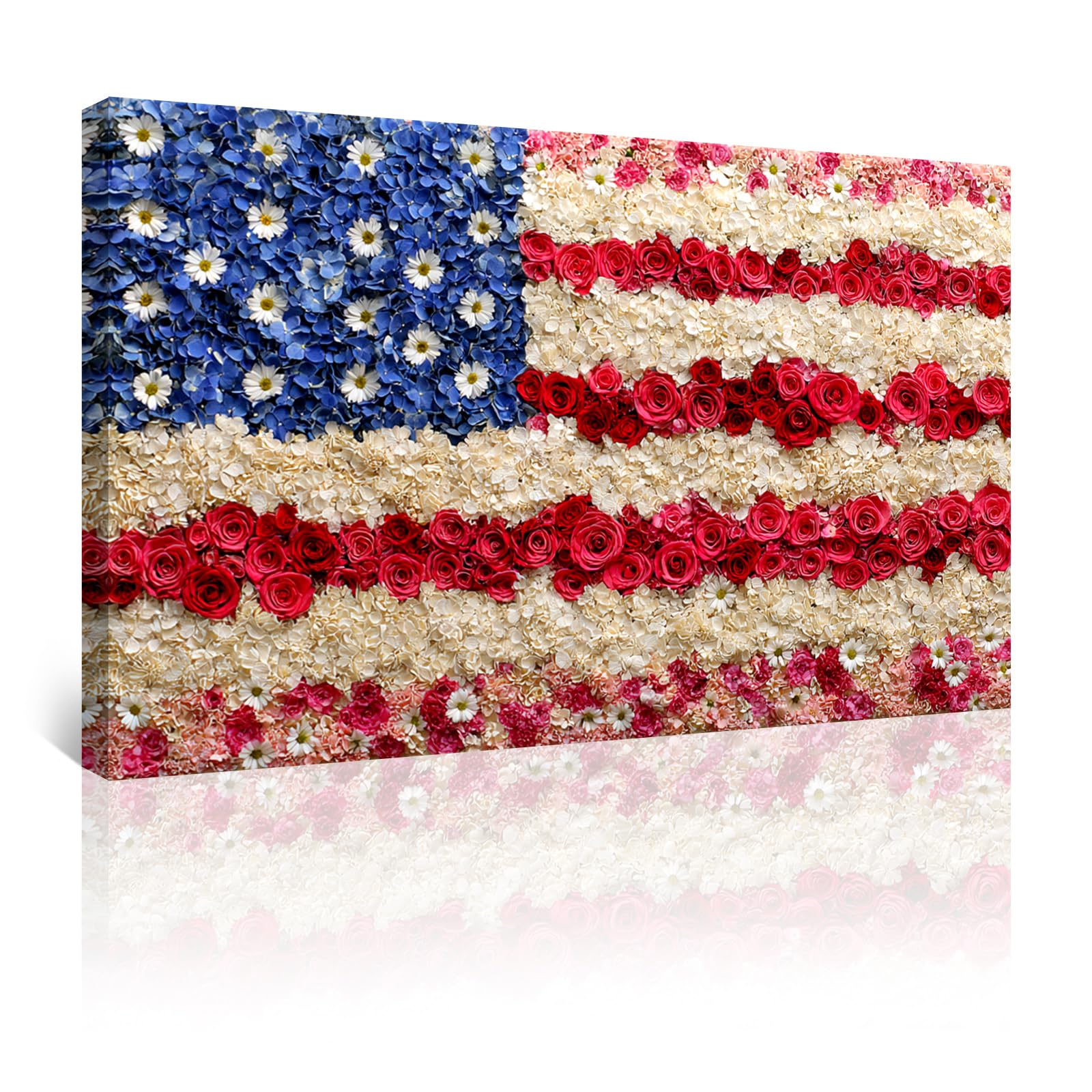 Azatyam American Flag Wall Art Patriotic Floral Picture USA Americana Decor Red White Rose Painting Wildflower Canvas Prints Vintage Country Style Artwork for Living Room Office Bedroom Wall Decor 16" x 24"