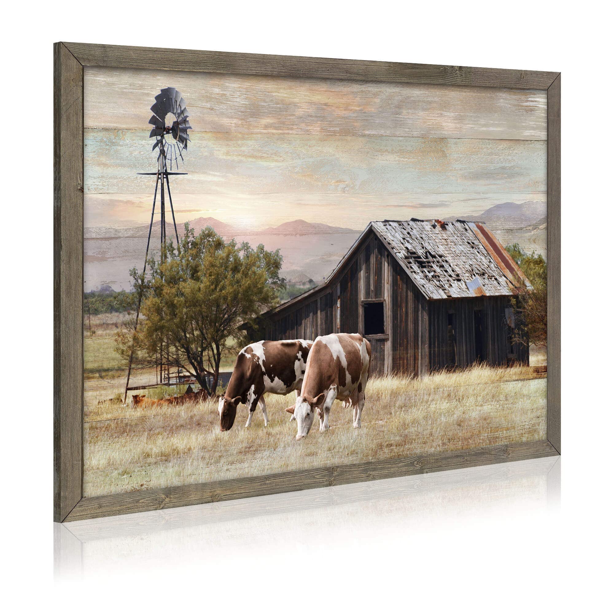 Rustic Landscape Wooden Picture Artwork - Neutral Color Barn with USA Flag Accent Windmill Painting Wall Art Framed