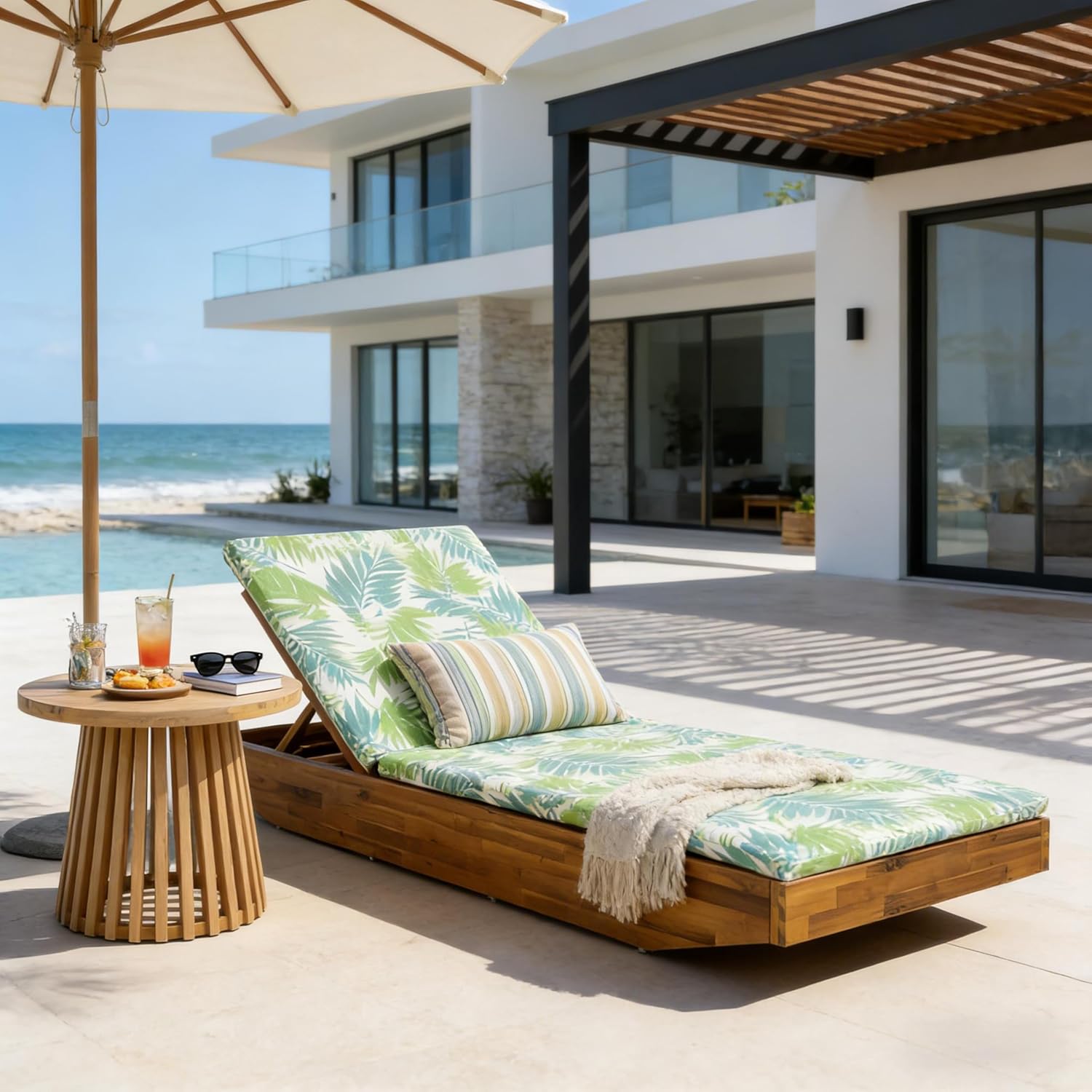 Maril Acacia Wood Chaise Lounge, Adjustable Backrest with Water-Resistant Cushion, Teak & Cream