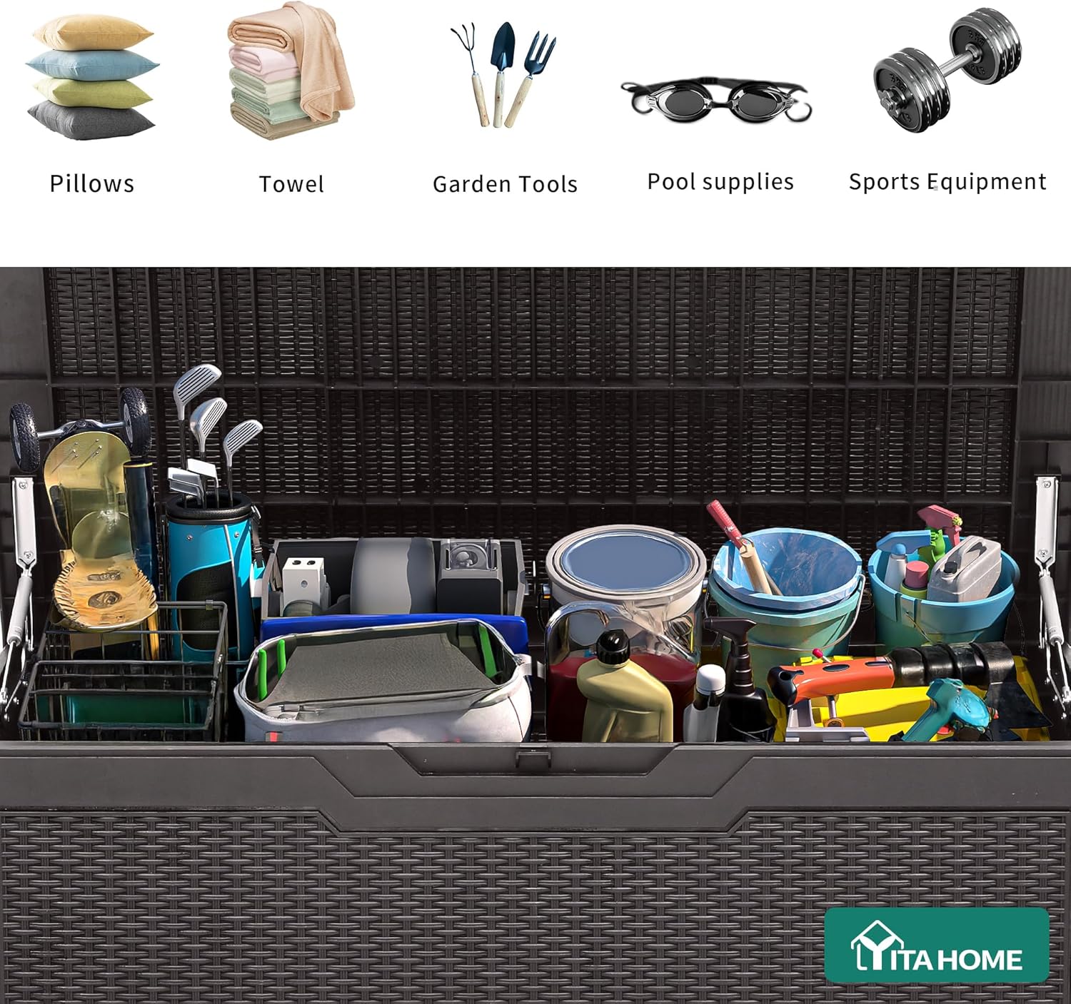 YITAHOME 100 Gallon Resin Deck Box, Weather Resistant Outdoor Storage Box, Lockable Indoor Outdoor Storage for Supplies and Essentials, Dark Brown