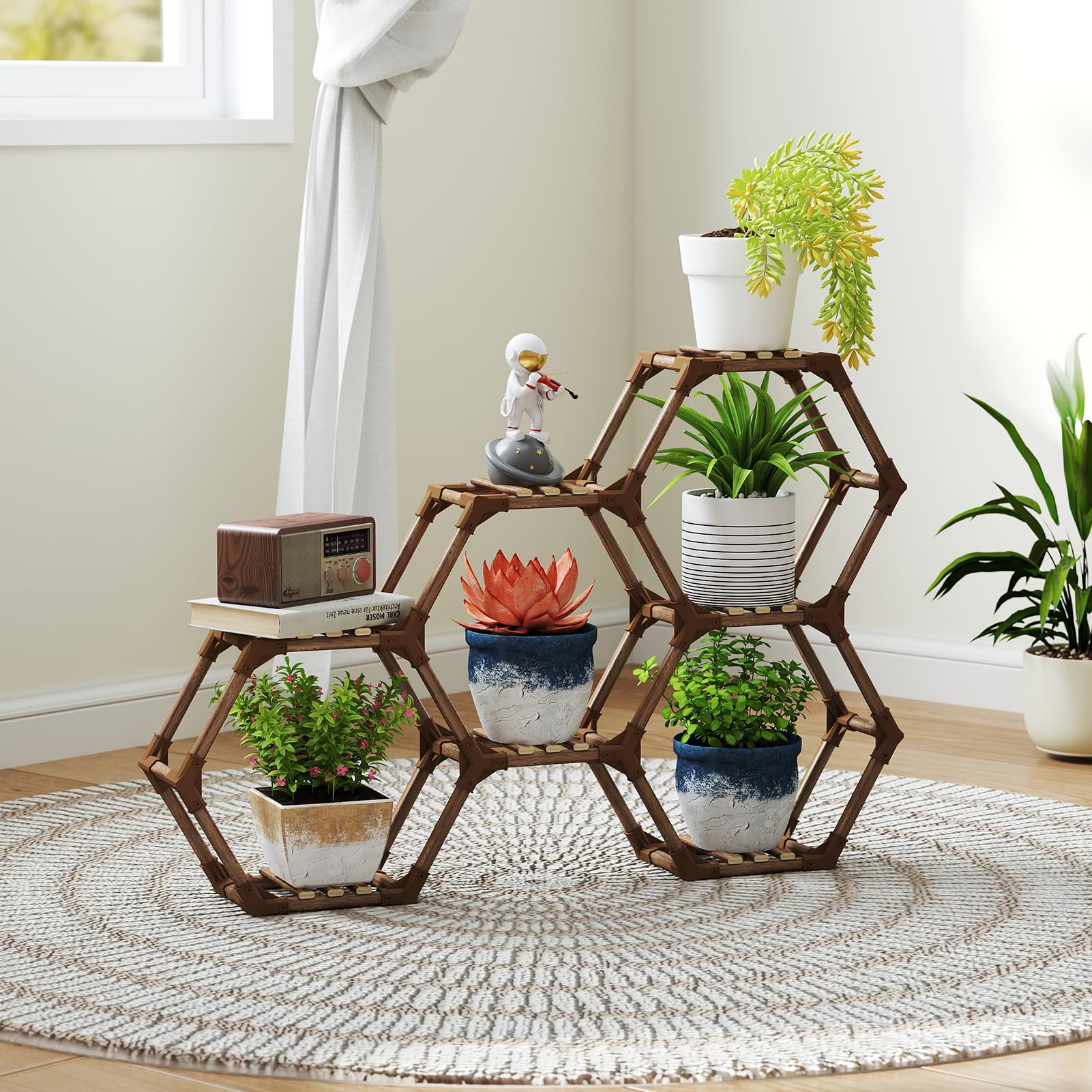 Tikea - Hexagonal Plant Stand Indoor Outdoor Large 11 Tiered Wooden Plant Shelf Indoor Creative Flower Decor for Living Room Balcony Patio
