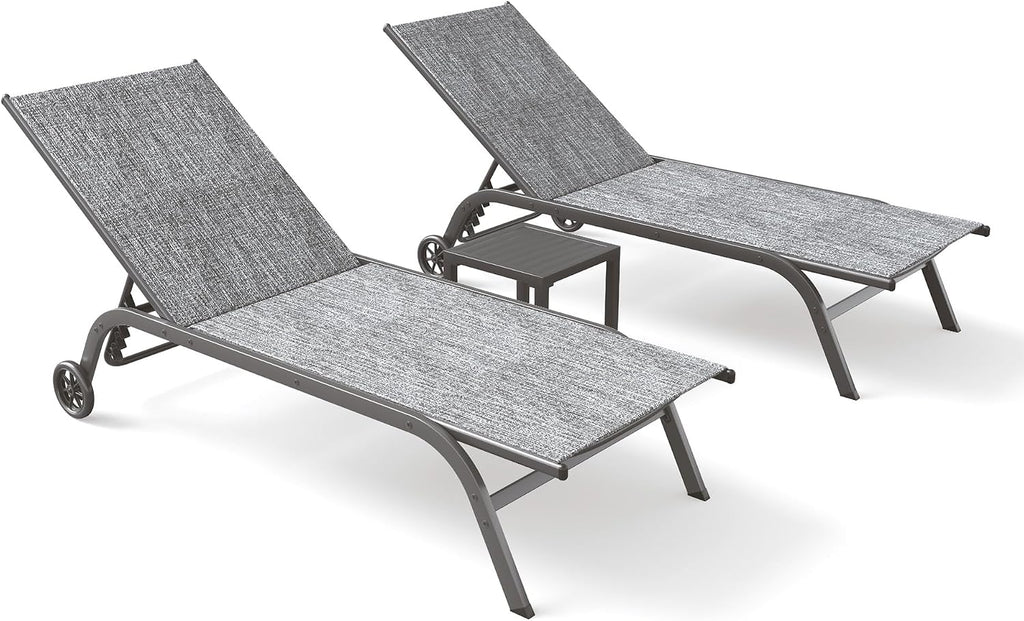 UDPATIO Chaise Lounge Outdoor Set of 3, Aluminum Lounge Chair, 5 Adjustable Position Backrest Pool Lounger with Wheels and Side Table for Patio Pool Patio (Grey)