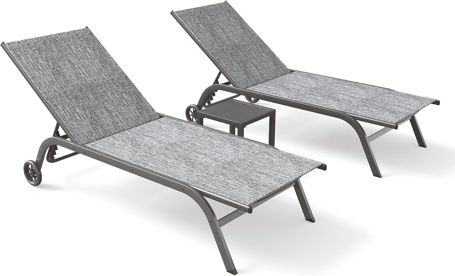 UDPATIO Chaise Lounge Outdoor Set of 3, Aluminum Lounge Chair, 5 Adjustable Position Backrest Pool Lounger with Wheels and Side Table for Patio Pool Patio (Grey)