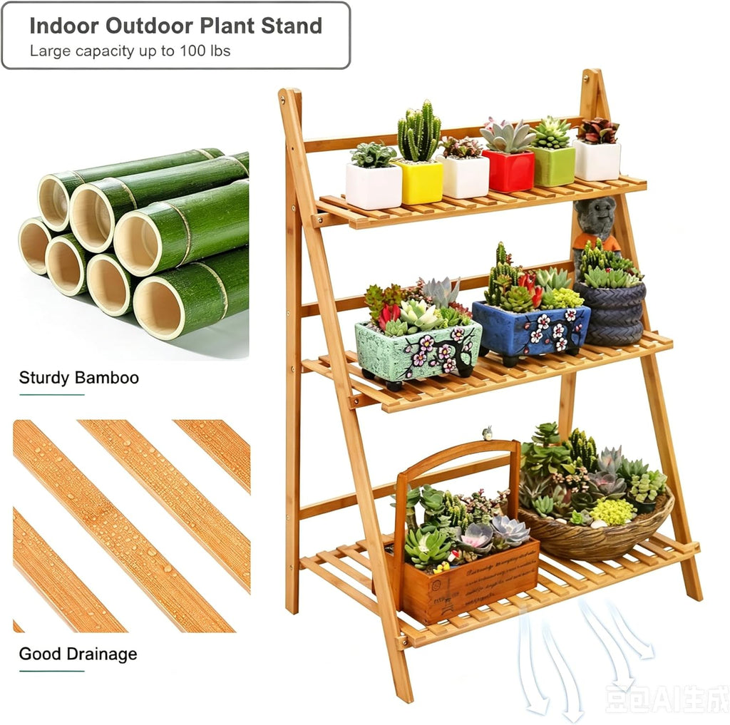Ufine Bamboo Ladder Plant Stand 3 Tier Foldable Flower Pot Display Shelf Rack for Indoor Outdoor Home Patio Lawn Garden Balcony Organizer Planter Holder