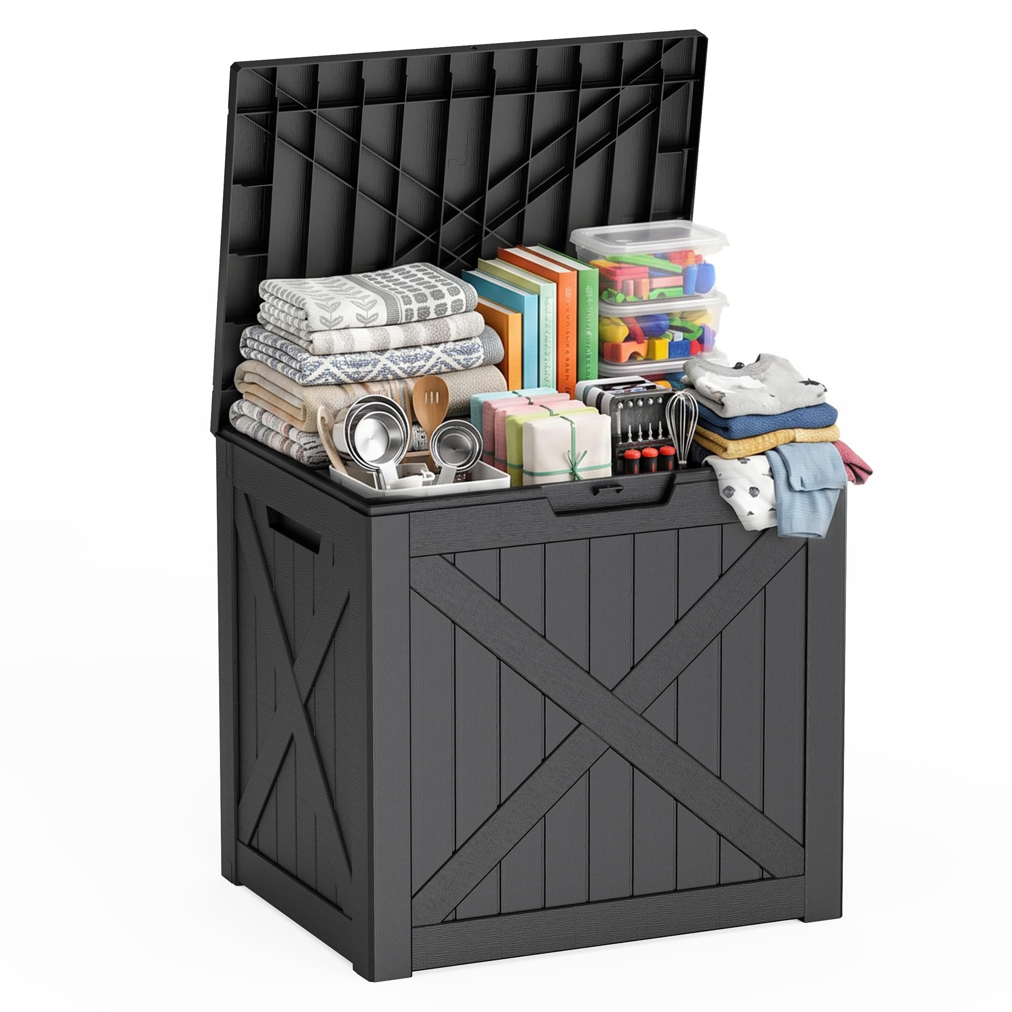 EasyUp 85 Gallon Outdoor Storage Box, Resin Waterproof UV-Resistant Deck Box, Reinforced Stability for Patio, Garden, and Poolside, Striped Black