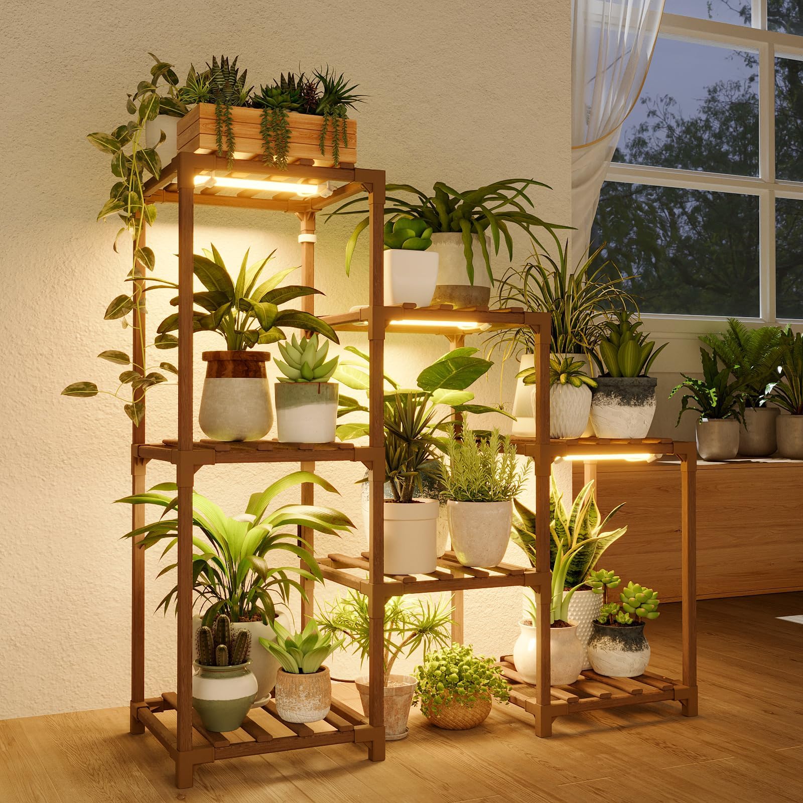 Bamworld Large Plant Shelf Outdoor Wood Plant Stand Large Rack for Living Room Patio, Balcony and Garden