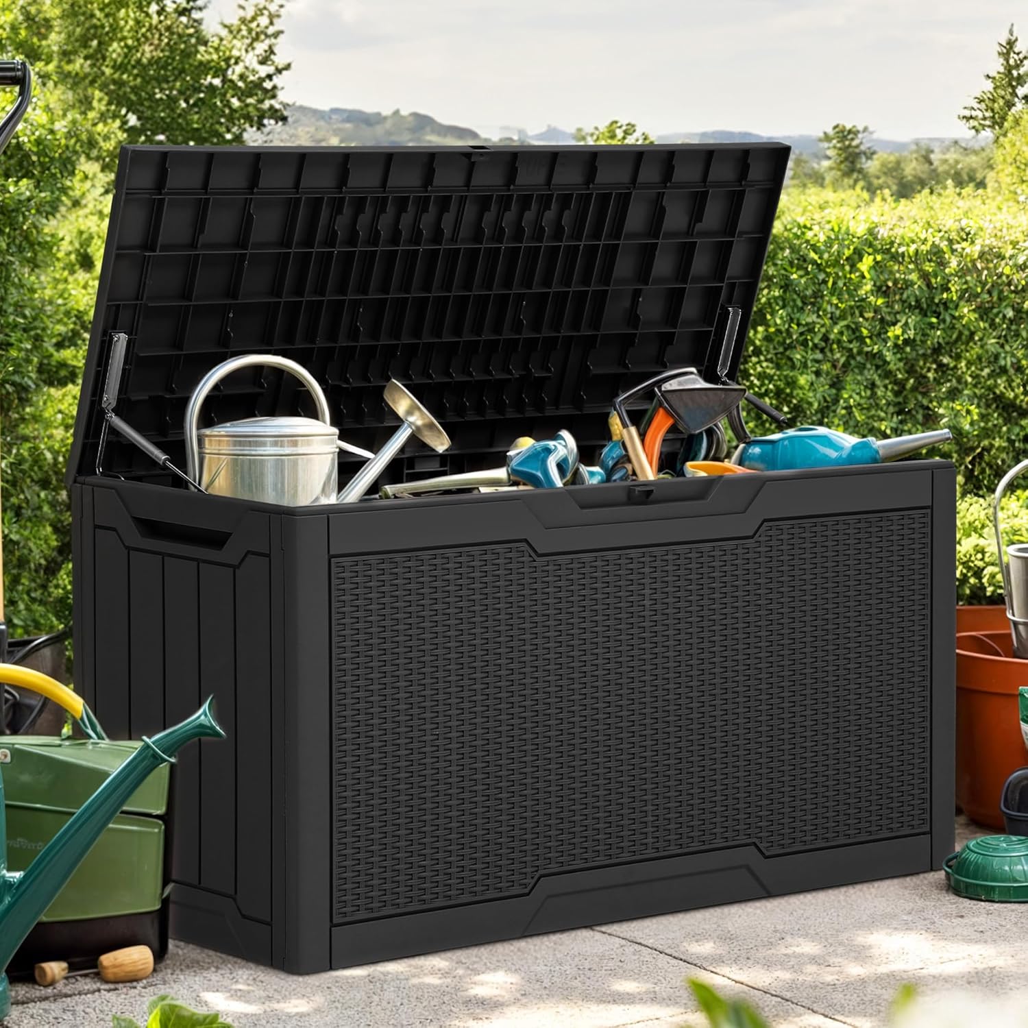 YITAHOME 80 Gallon Resin Deck Box, Weather Resistant Outdoor Rattan Storage Box, Lockable Indoor Outdoor Storage for Supplies and Essentials, Dark Gray