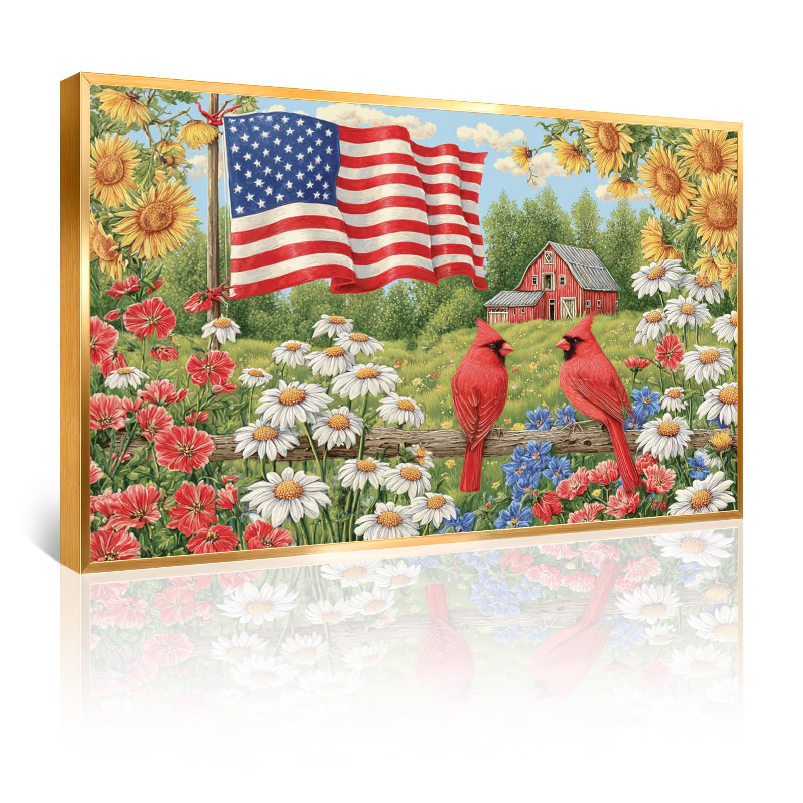 Azatyam American Flag Wall Art Patriotic Floral Picture USA Americana Decor Red White Rose Painting Wildflower Canvas Prints Vintage Country Style Artwork for Living Room Office Bedroom Wall Decor 16" x 24"