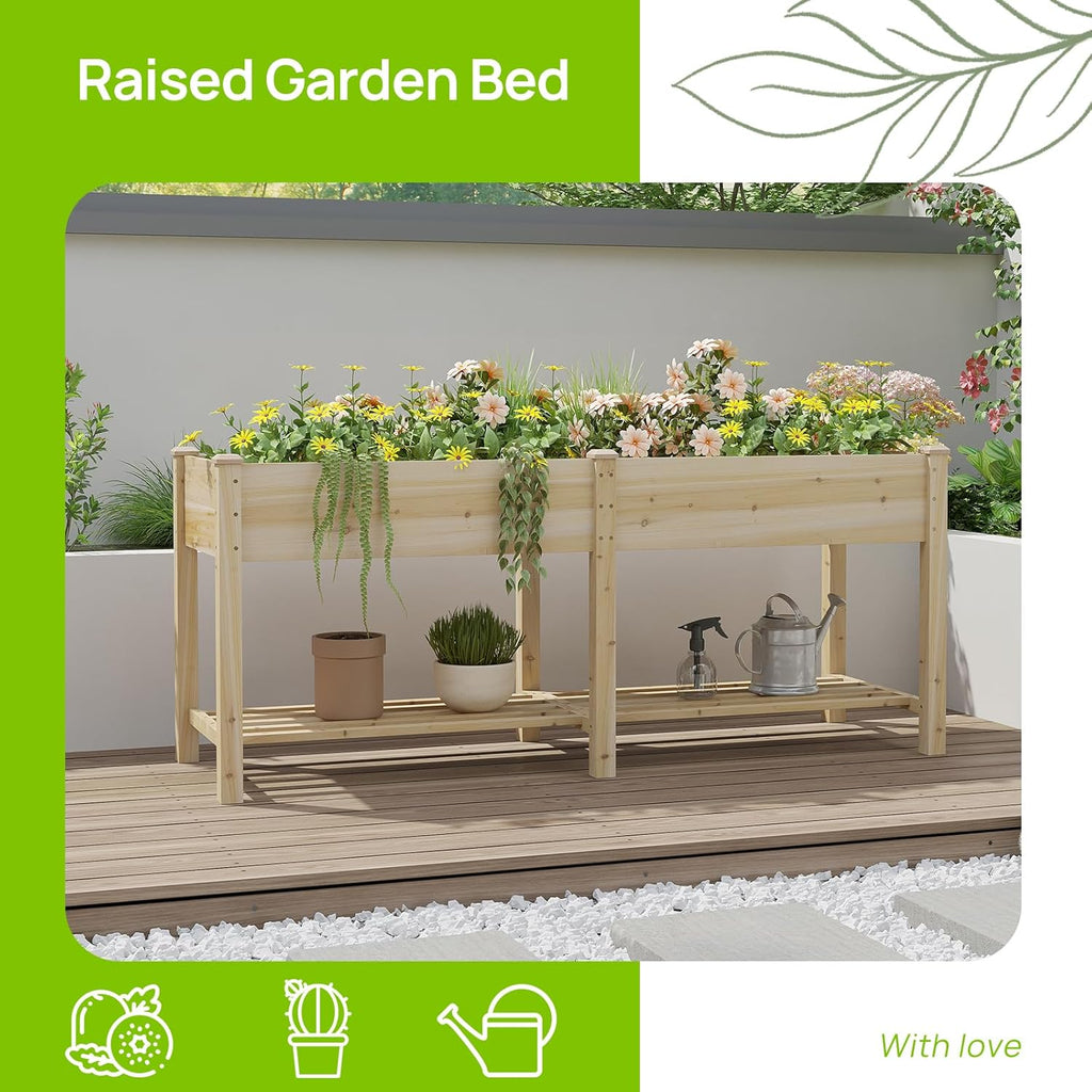 72x24x30.7in Wooden Planter Box with Storage Shelf Raised Garden Bed with Legs Elevated Wood Planter Box for Vegetables Flowers Herbs Garden Planter for Backyard Patio Balcony (Natural, Large)