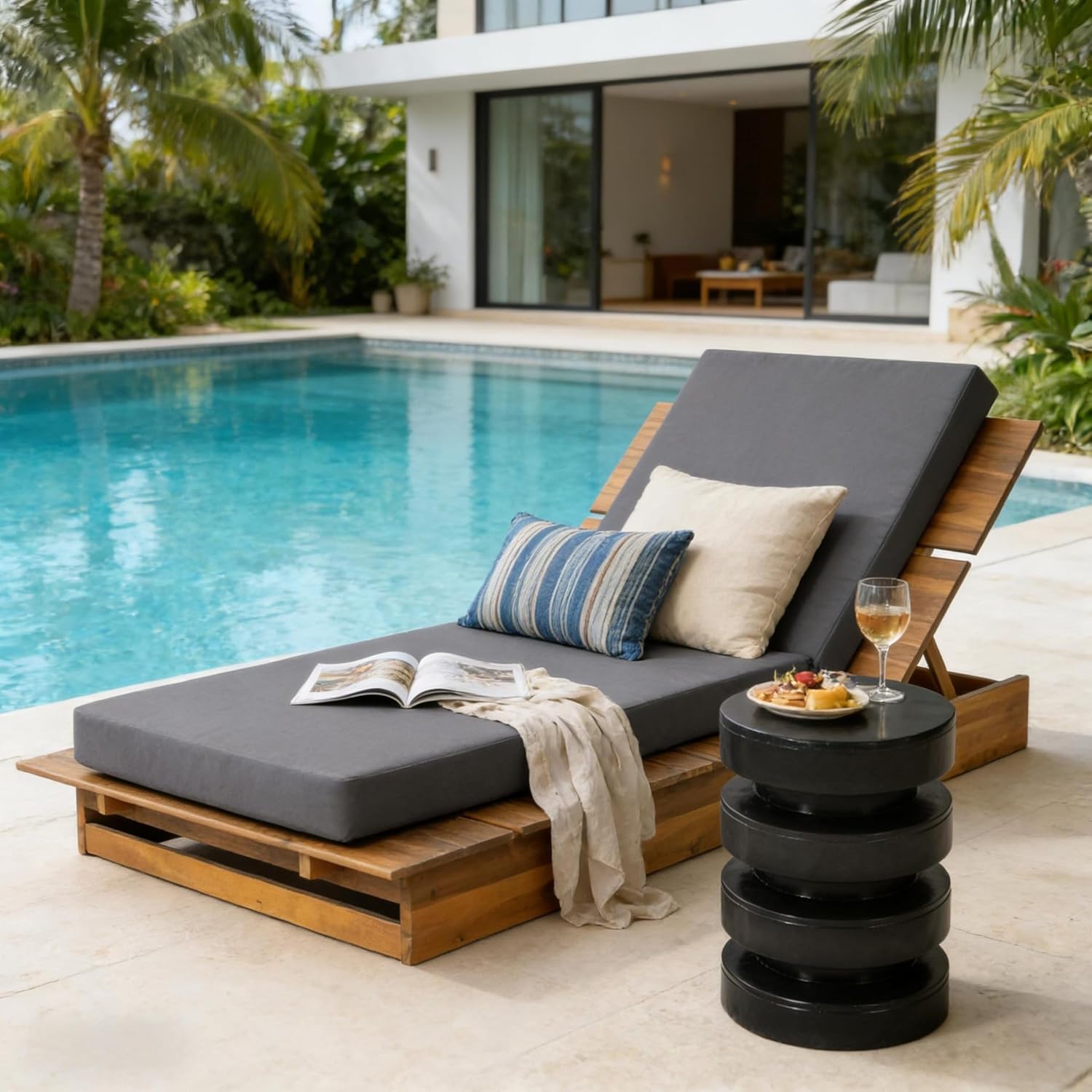 Bard Acacia Wood Chaise Lounge, 3-Position Recliner with Thick Cushion, Teak & Cream