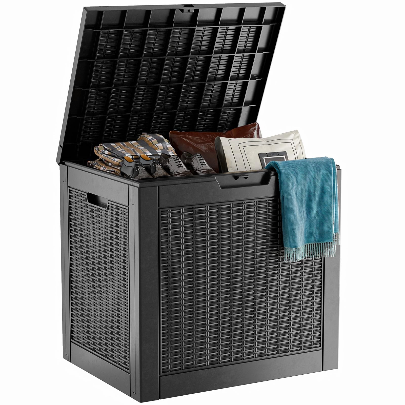 PatioZen 31 Gallon Wicker Pattern Resin Deck Box, Lockable Patio Outdoor Storage Box for Furniture, Garden Tools and Tools Storage, Waterproof Outside Storage Box (Grey)