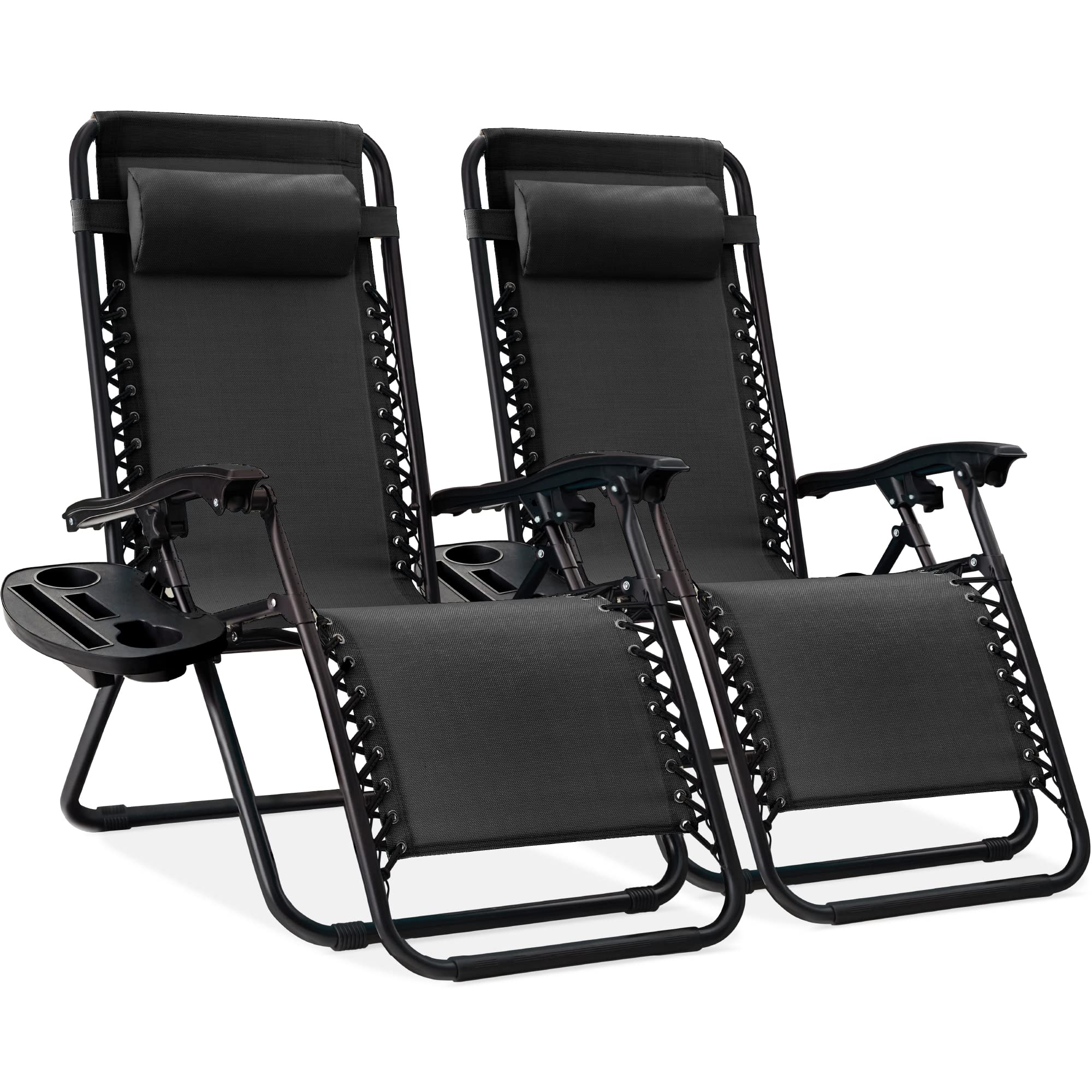 Best Choice Products Set of 2 Adjustable Steel Mesh Zero Gravity Lounge Chair Recliners w/Pillows and Cup Holder Trays - Ice Gray