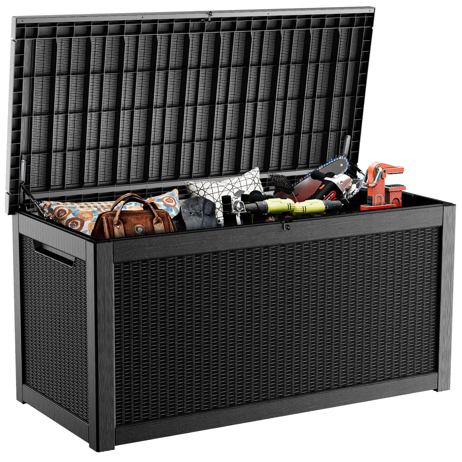 PatioZen 31 Gallon Wicker Pattern Resin Deck Box, Lockable Patio Outdoor Storage Box for Furniture, Garden Tools and Tools Storage, Waterproof Outside Storage Box (Grey)