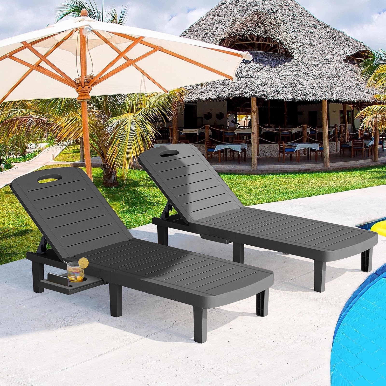 Outdoor Chaise Lounge Set of 4, Waterproof Resin Lounge Chairs for Outside w/Adjustable 5 Positions All Weather Use Recliner Chair for Patio, Poolside, Beach, Yard, Grey