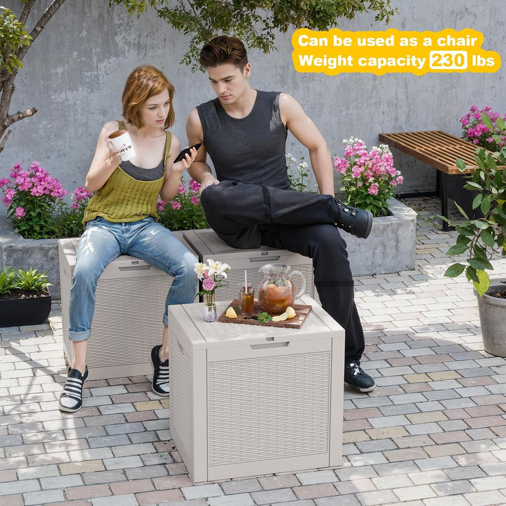 PatioZen 31 Gallon Wicker Pattern Resin Deck Box, Lockable Patio Outdoor Storage Box for Furniture, Garden Tools and Tools Storage, Waterproof Outside Storage Box (Grey)