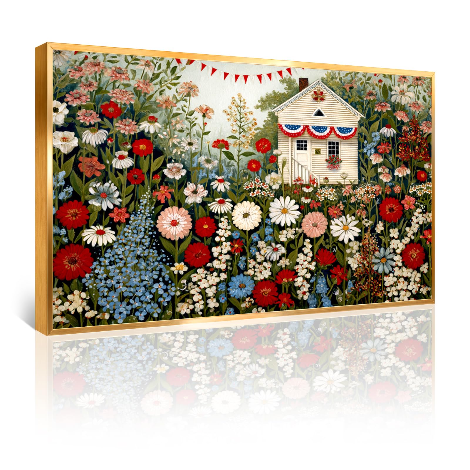 Azatyam American Flag Wall Art Patriotic Floral Picture USA Americana Decor Red White Rose Painting Wildflower Canvas Prints Vintage Country Style Artwork for Living Room Office Bedroom Wall Decor 16" x 24"