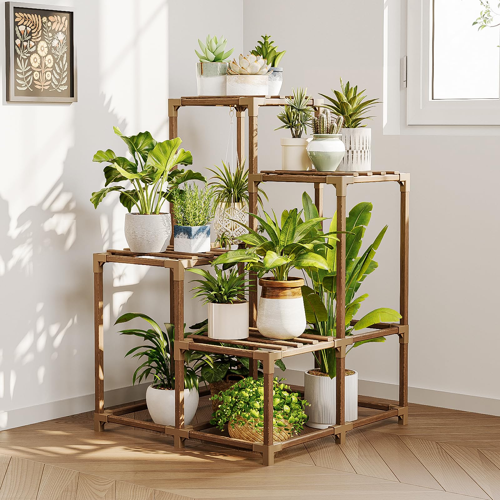 Bamworld Large Plant Shelf Outdoor Wood Plant Stand Large Rack for Living Room Patio, Balcony and Garden