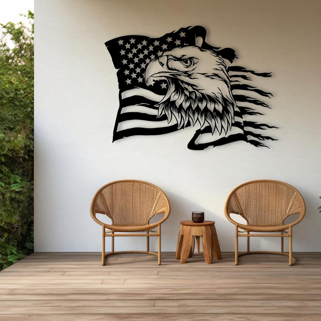 USA Bald Eagle Metal Wall Art, Large Eagle American Flag Metal Wall Decor, Fourth of July Independence Day Flag, Veteran Patriotic Gift for Home, Living Room, Office Sculptures, 4th July Day Gift (23.6" x 16.9" / 60 x 43 cm)
