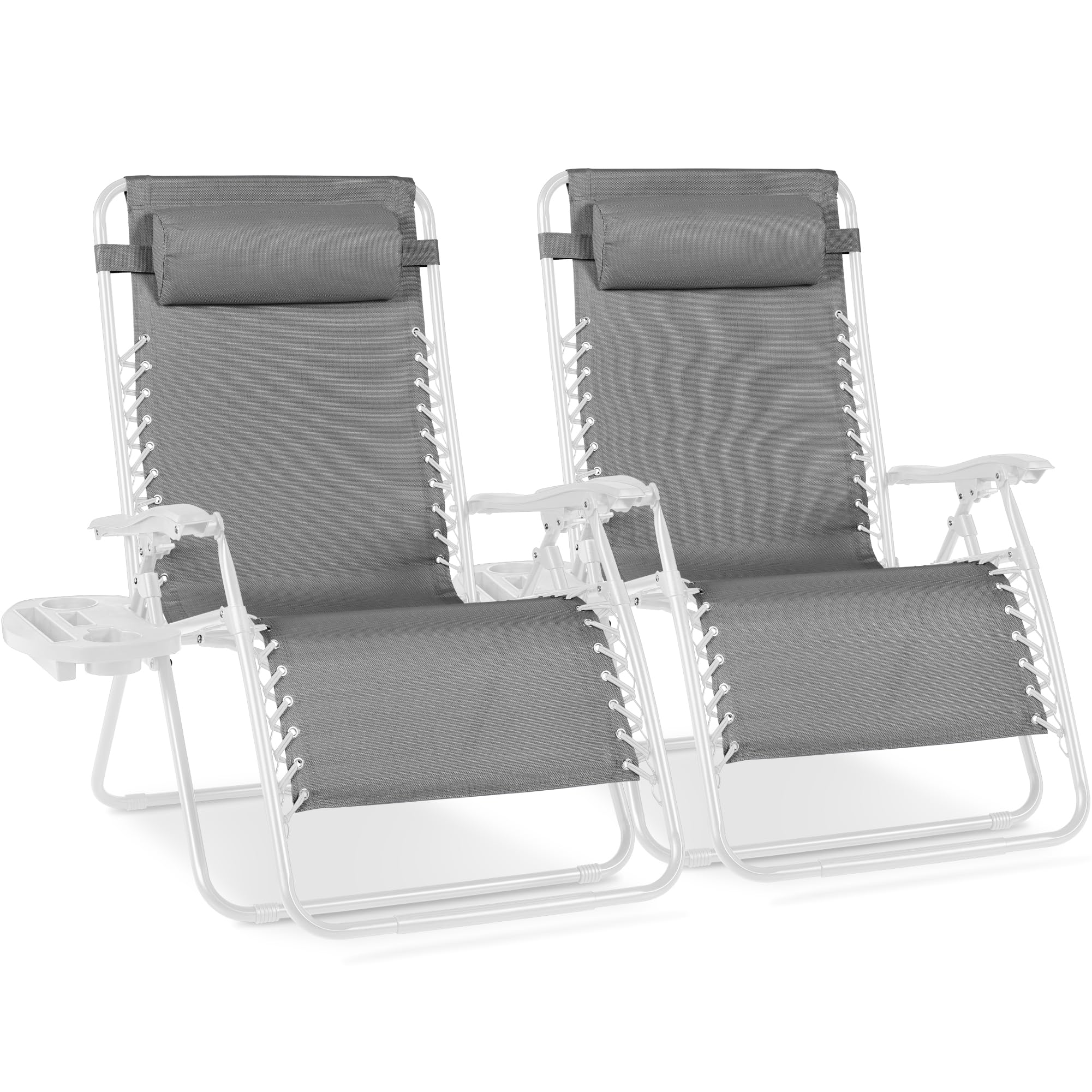 Best Choice Products Set of 2 Adjustable Steel Mesh Zero Gravity Lounge Chair Recliners w/Pillows and Cup Holder Trays - Ice Gray