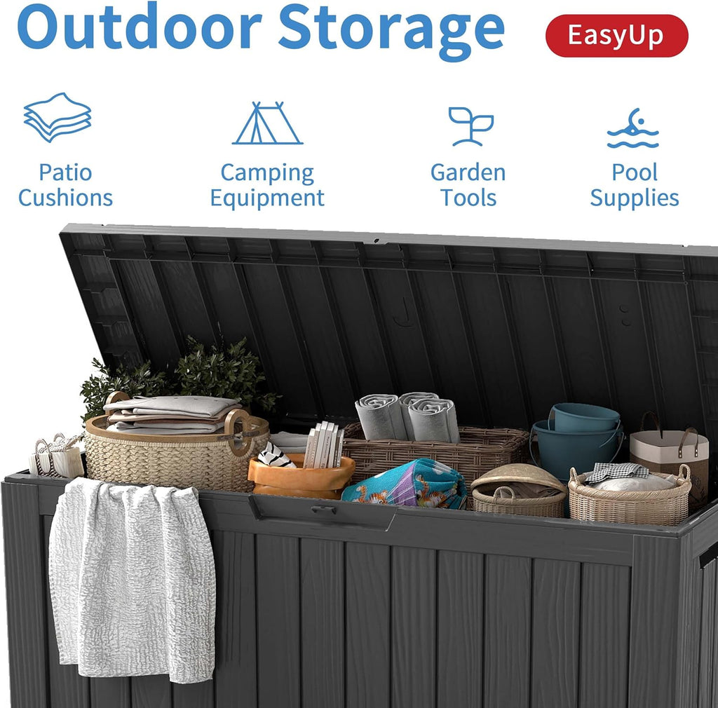 EasyUp 85 Gallon Outdoor Storage Box, Resin Waterproof UV-Resistant Deck Box, Reinforced Stability for Patio, Garden, and Poolside, Striped Black