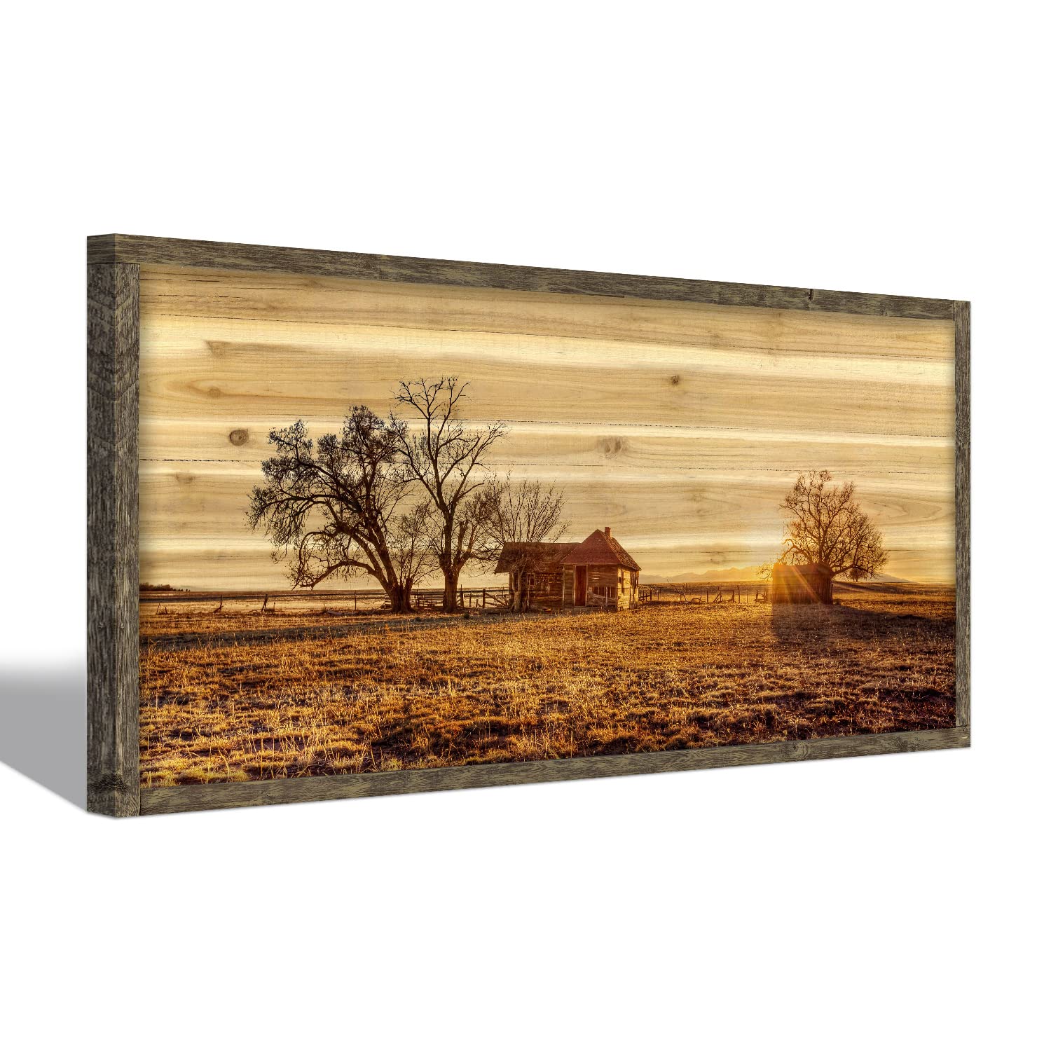 Farmhouse Wood Wall Art Picture: Living Room Framed Rustic Old Barn American Flag Painting Decor Bedroom Large Black White Country Rural Farm Scene Print Horizontal Patriotic Countryside Nature