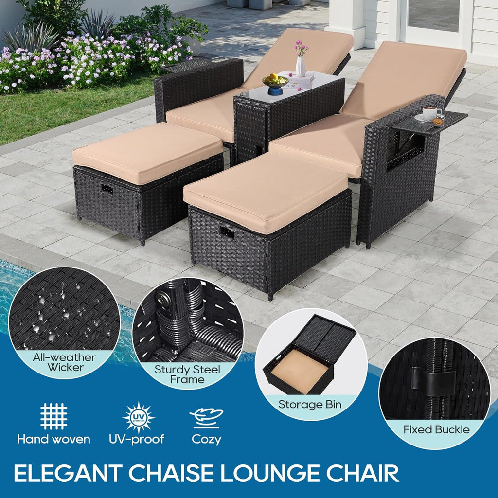 5PCS Outdoor Wicker Chaise Lounge Chair - Rattan Adjustable Reclining Patio Lounge Chair with Ottoman and Coffee Table, for Patio Beach Pool Backyard (Black Wicker Khaki Cushion)
