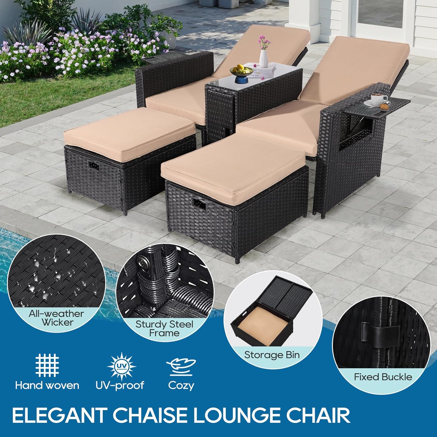 5PCS Outdoor Wicker Chaise Lounge Chair - Rattan Adjustable Reclining Patio Lounge Chair with Ottoman and Coffee Table, for Patio Beach Pool Backyard (Black Wicker Khaki Cushion)