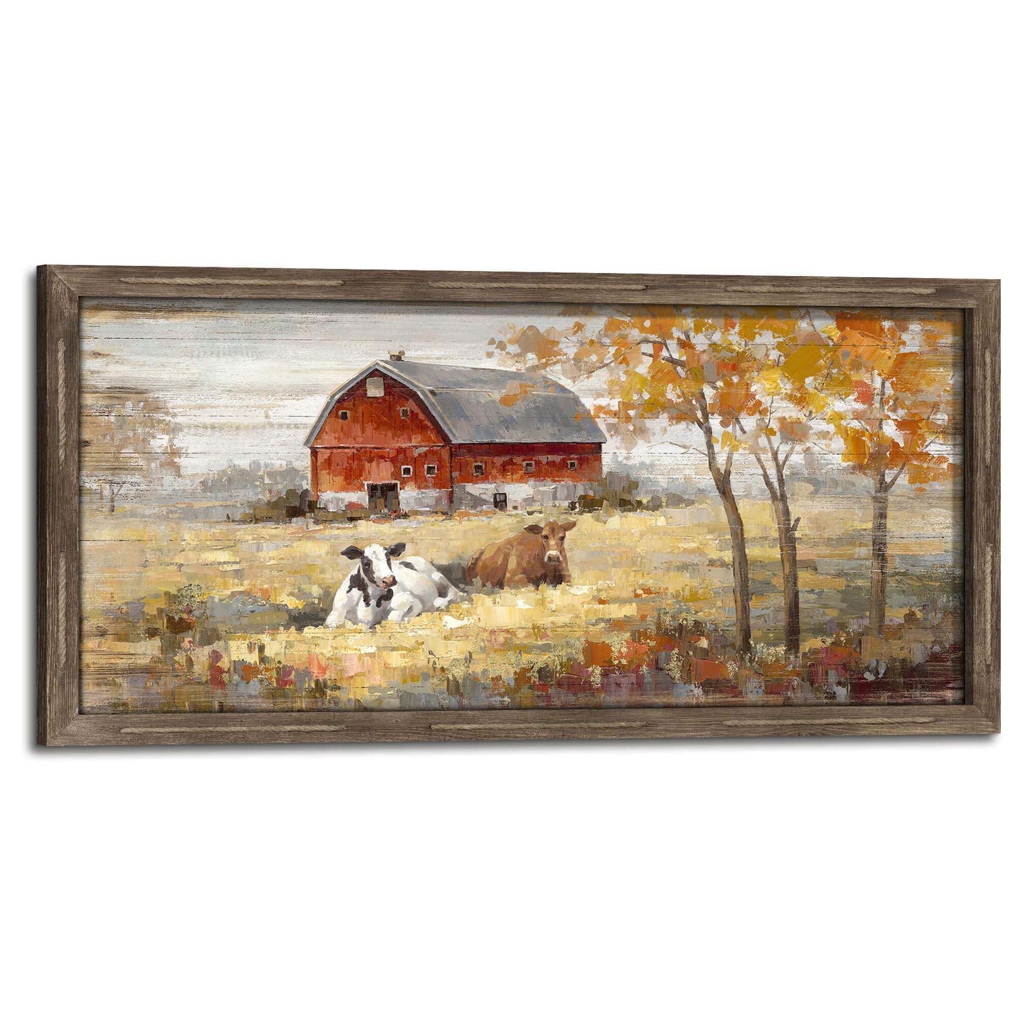 Farmhouse Framed Wall Art Decor: Rustic Country Scene Wood Picture Barn with American Flag Painting Artwork Farm Truck Countryside Print for Bedroom Home Living Room