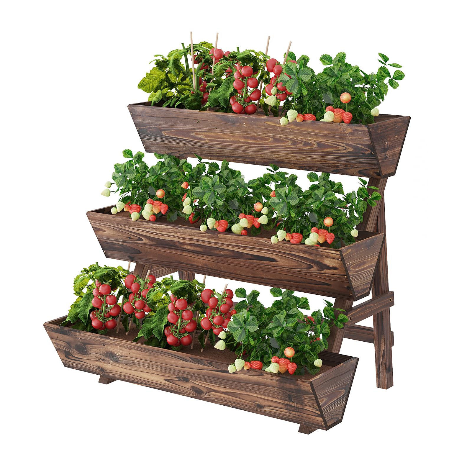 3-Tier Wooden Vertical Raised Garden Bed with Legs, Tiered Planter Box, Vertical Garden Planter,Wood Plant Stand Wood Flower Rack for Patio, Balcony, Freestanding. (Carbonized-Large)