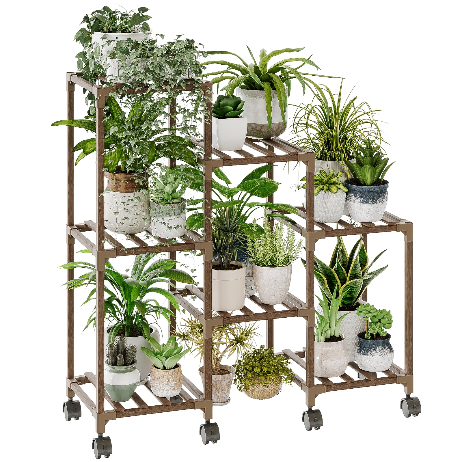 Bamworld Large Plant Shelf Outdoor Wood Plant Stand Large Rack for Living Room Patio, Balcony and Garden