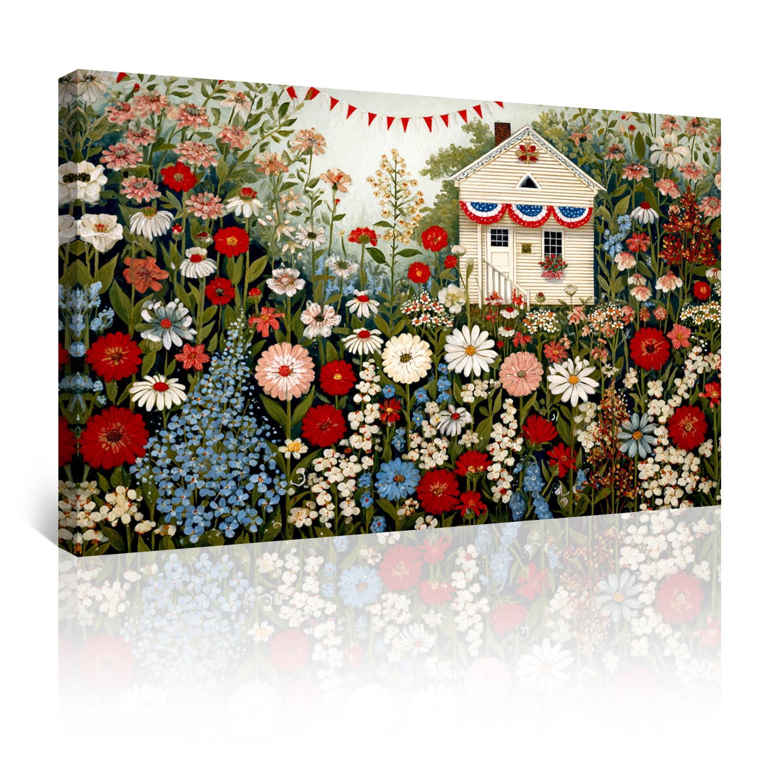 Azatyam American Flag Wall Art Patriotic Floral Picture USA Americana Decor Red White Rose Painting Wildflower Canvas Prints Vintage Country Style Artwork for Living Room Office Bedroom Wall Decor 16" x 24"