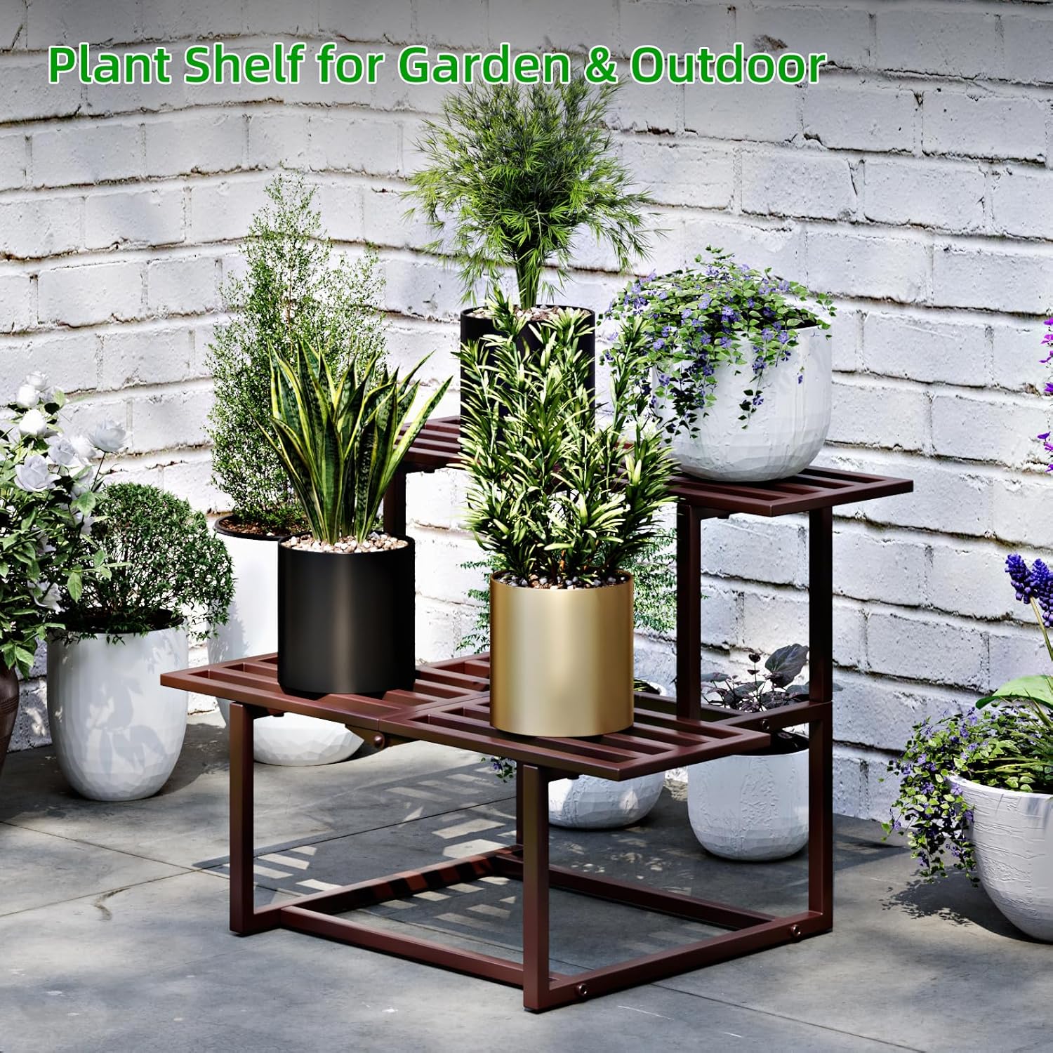 Plant Stand Indoor Outdoor, Foldable Metal Plant Shelf for Multiple Pots, Mid Century Slatted Bench for Patio Garden, Heavy Duty Capacity 330 lbs 2 Tier Coffe