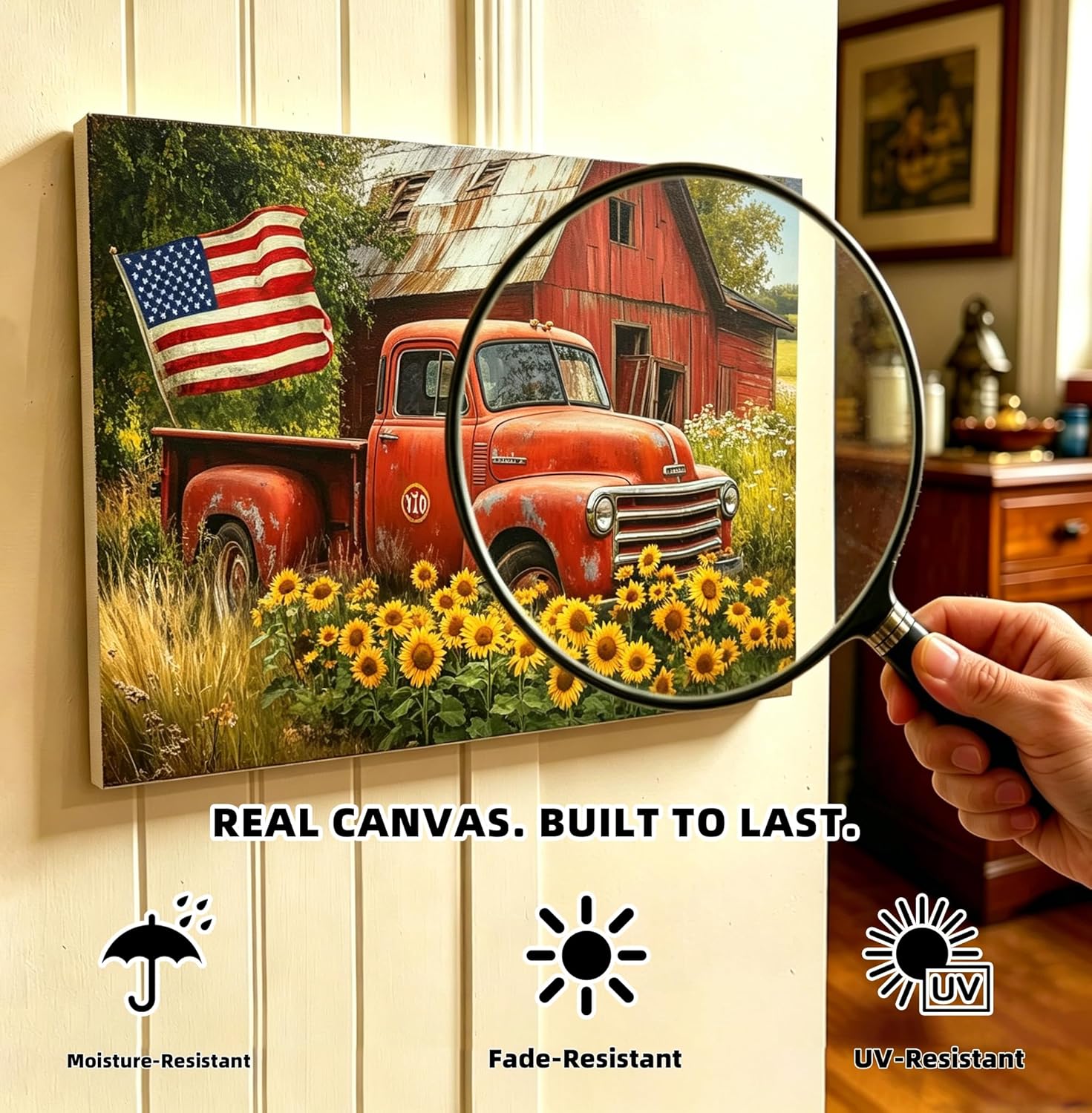 UZWGG 1pcs Framed Wall Art Classic Farmhouse Pastoral Wall Decoration Red Old Barn Truck Canvas Print American Flag Decoration Painting Independence Day Gift Wrapped Canvas 24x36inch(60x90cm)